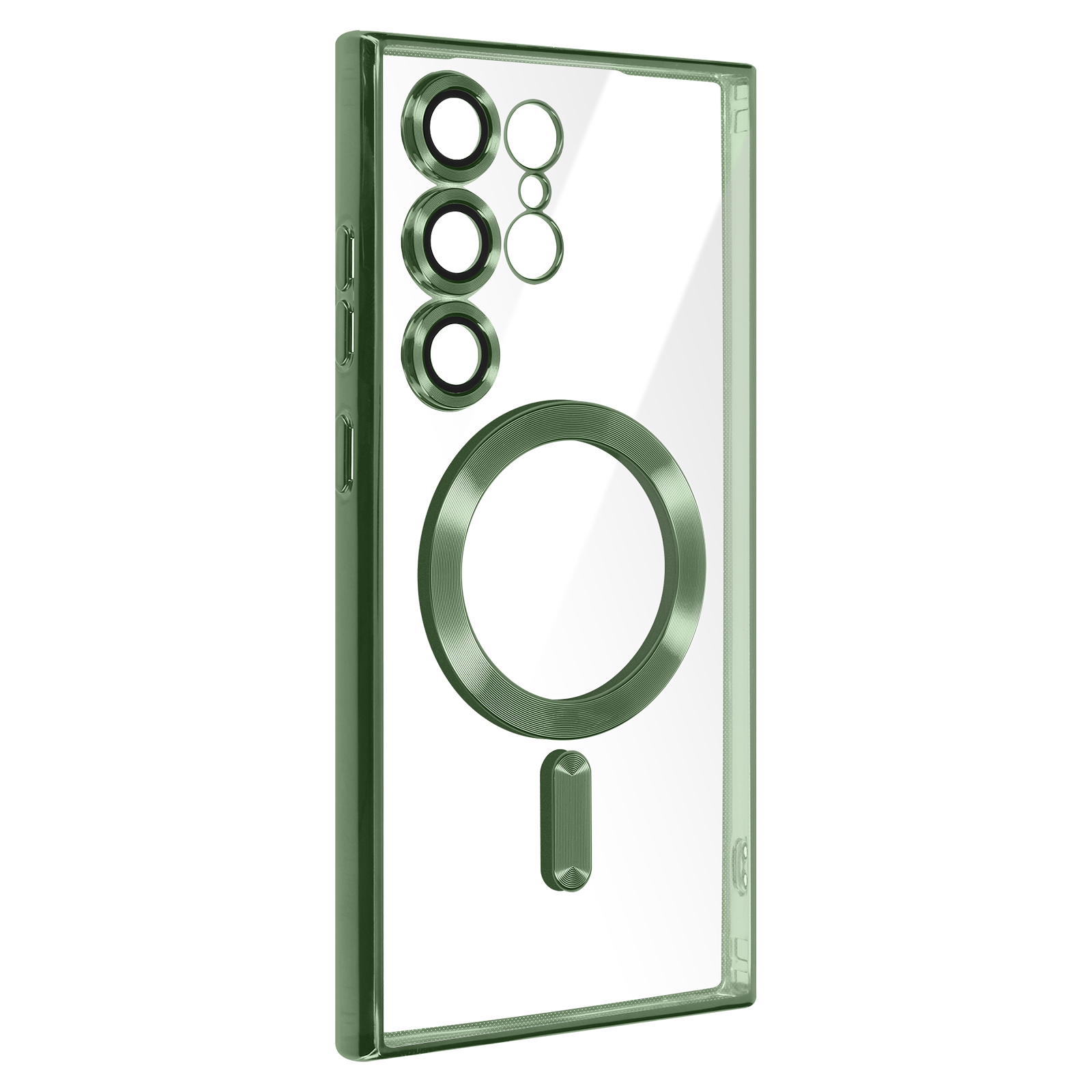 Funda transparente verde con múltiples recortes para cámara y un círculo MagSafe.