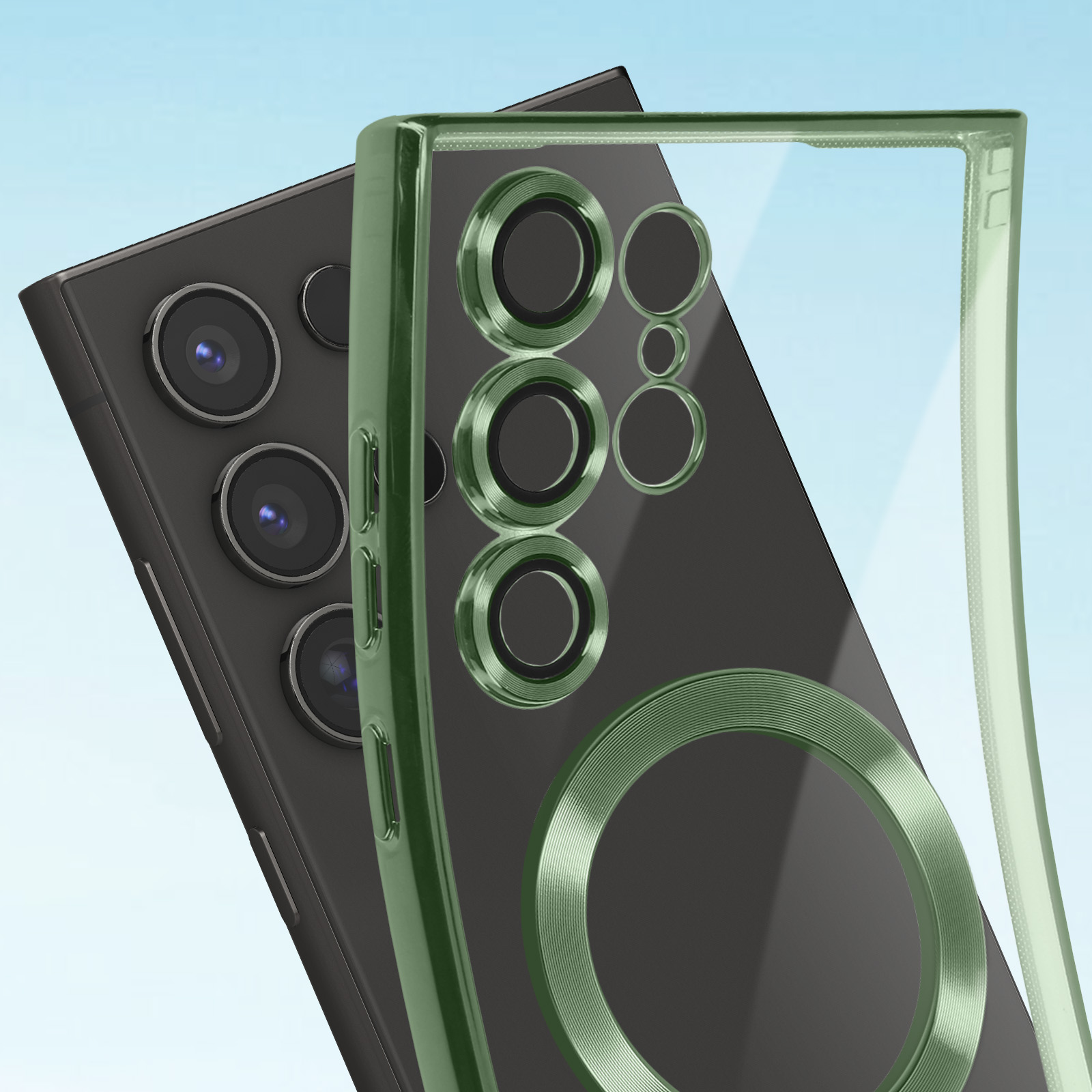 Una funda verde sobre un teléfono negro. La funda tiene la parte trasera transparente y un anillo verde.