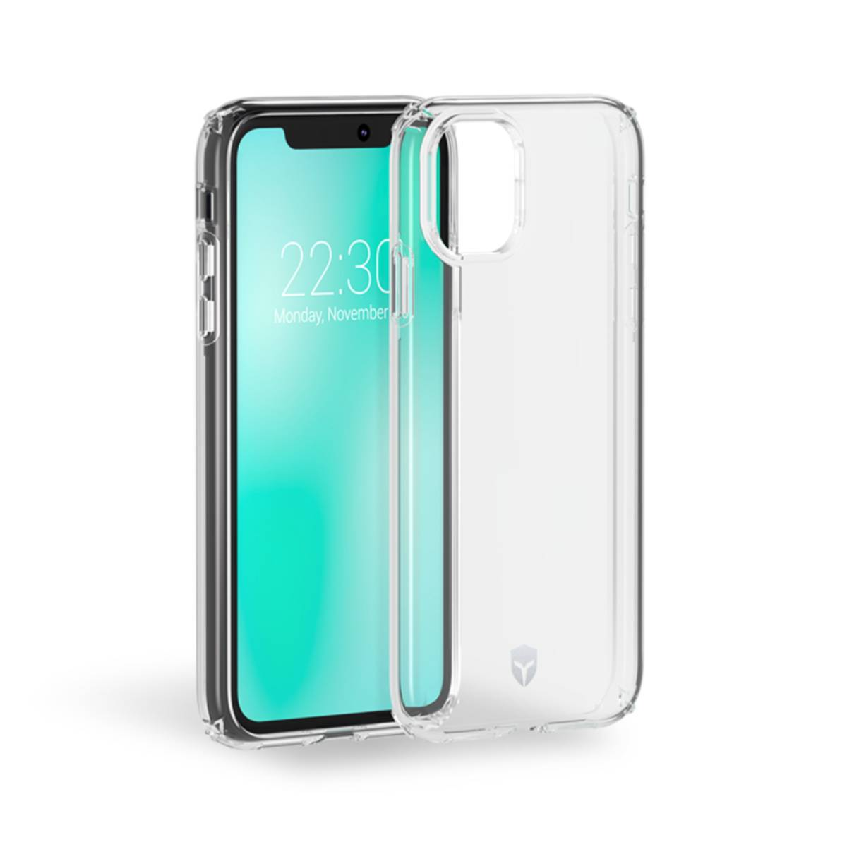 Una custodia per telefono trasparente con un telefono all'interno. Il telefono mostra un orologio sullo schermo. La custodia è trasparente.