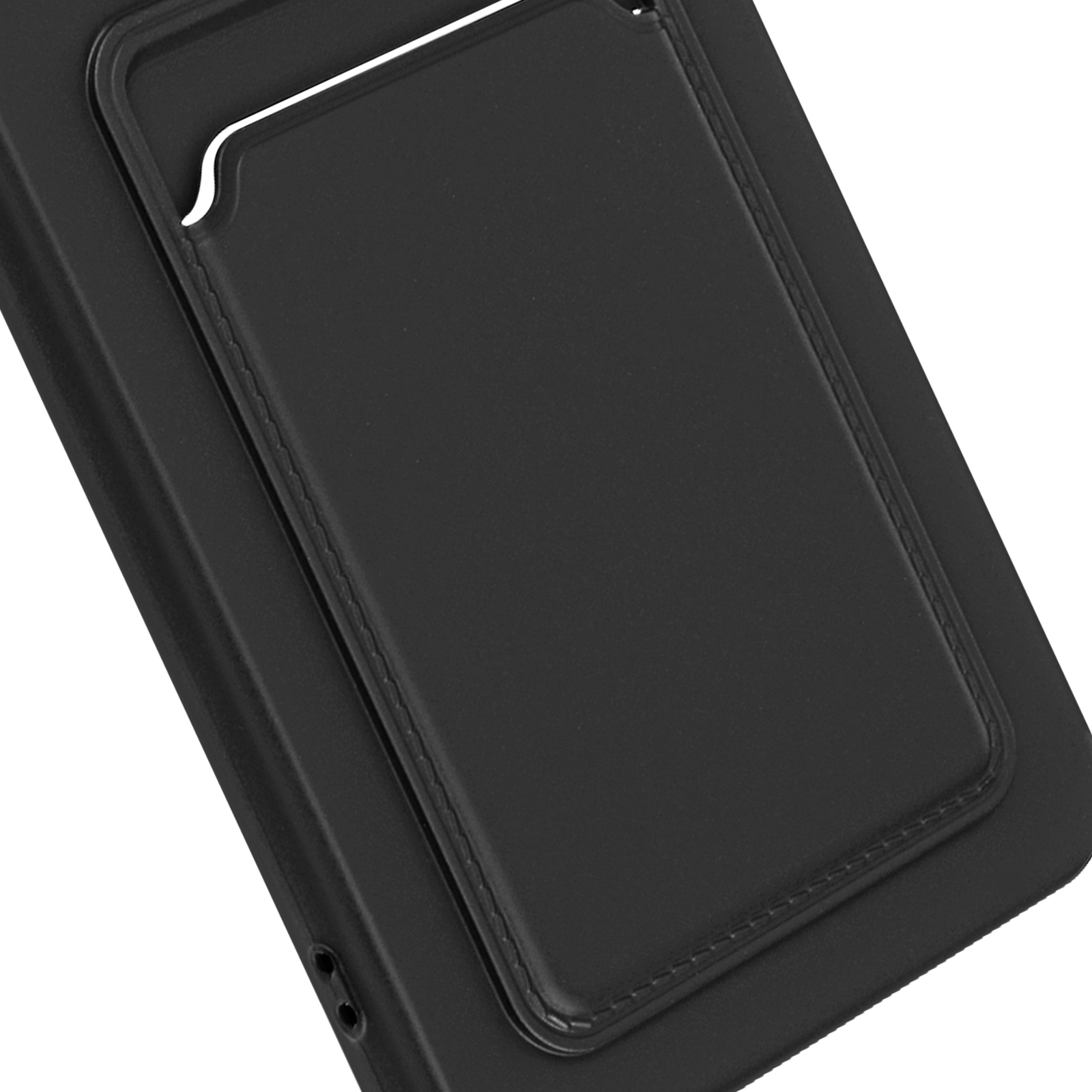 Custodia nera per telefono con tasca porta carte.