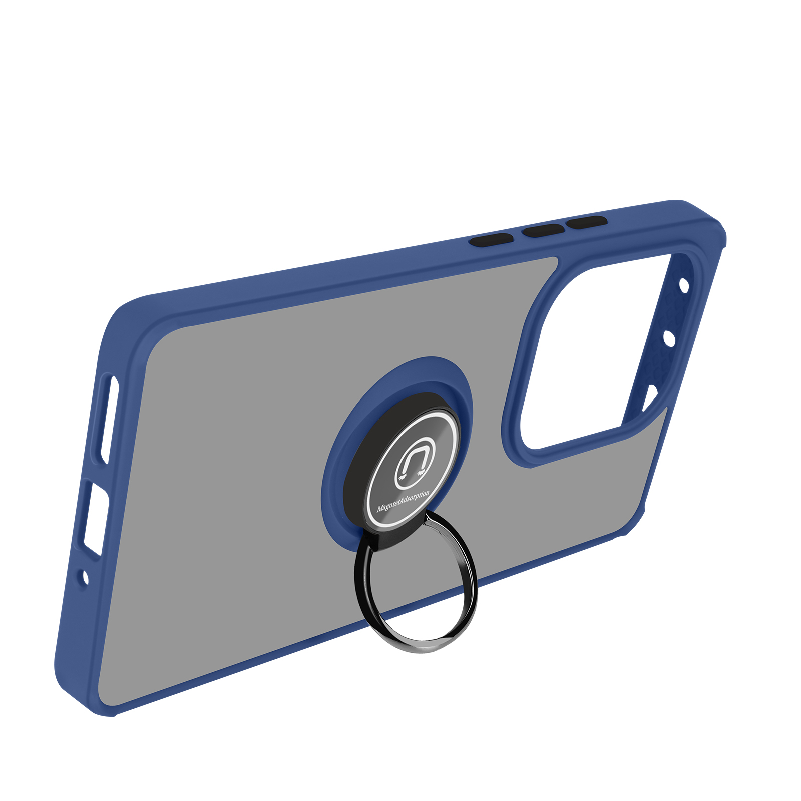 Custodia per telefono con anello di supporto. Blu e grigio. Schienale visibile. Anello di supporto con logo. Sfondo bianco.