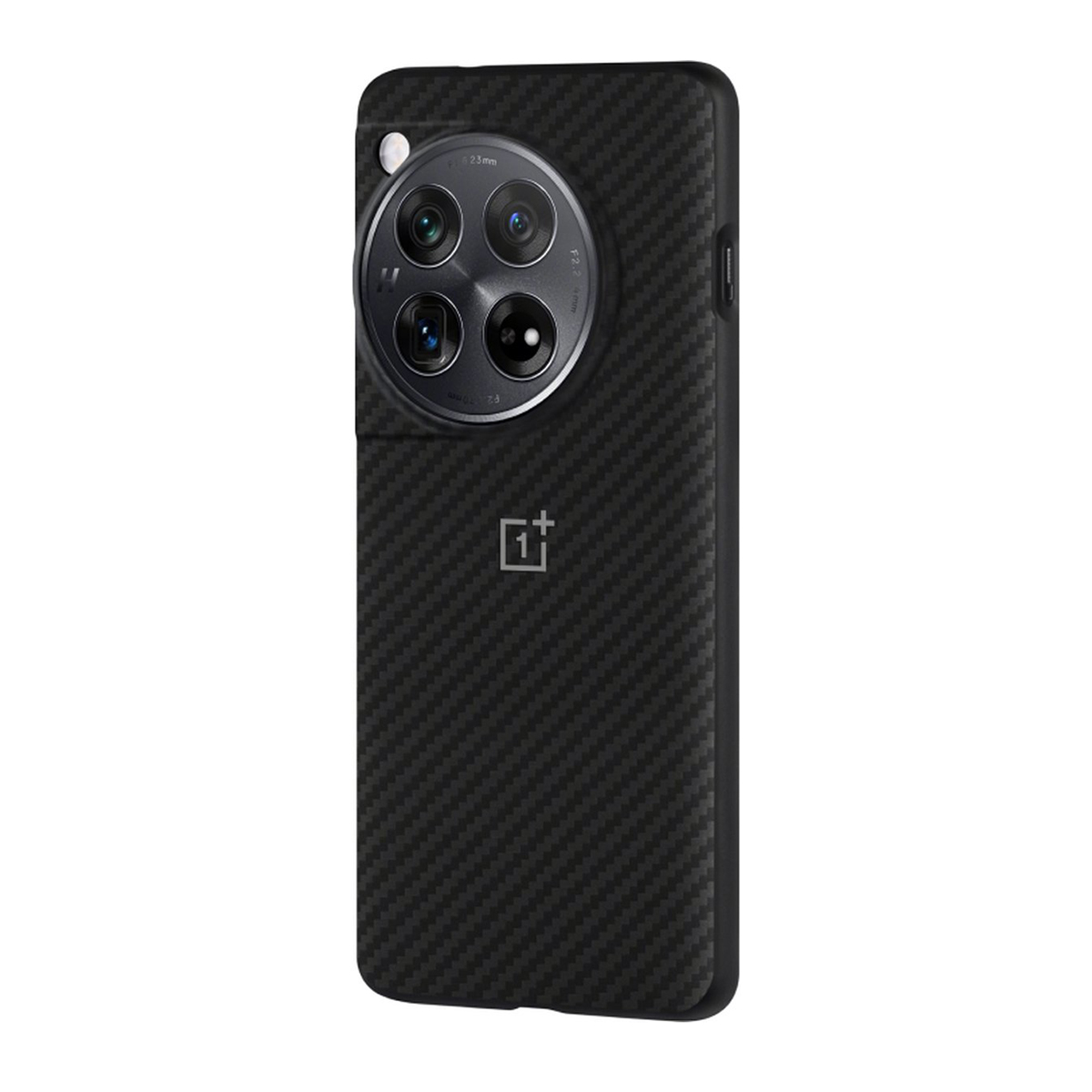 Telefono nero con custodia in fibra di carbonio. La custodia ha una fotocamera quadrata, con il logo OnePlus.
