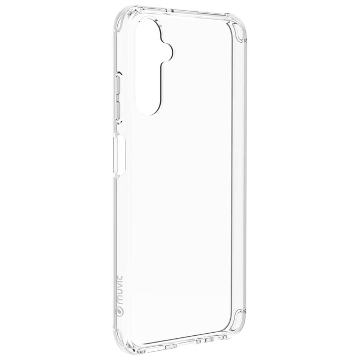 Custodia trasparente per telefono. Plastica trasparente con ritaglio per fotocamera. Sfondo bianco. Logo 'Muvit'.