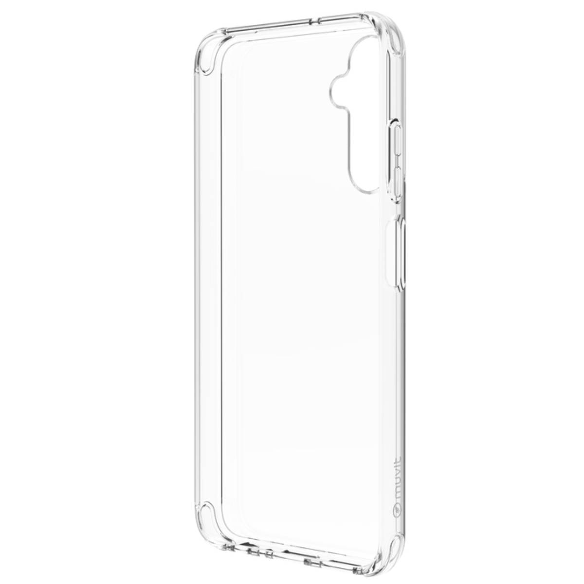 Custodia trasparente per telefono, trasparente, con pulsanti laterali e intaglio per fotocamera.