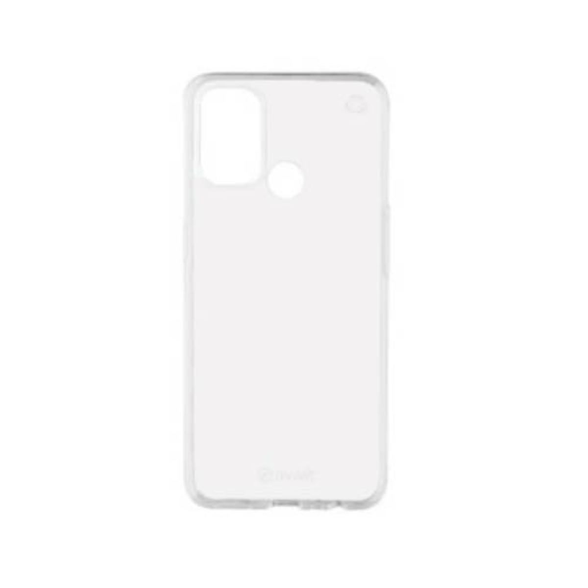 Custodia trasparente per telefono con un singolo foro per la fotocamera. Ha uno sfondo bianco.