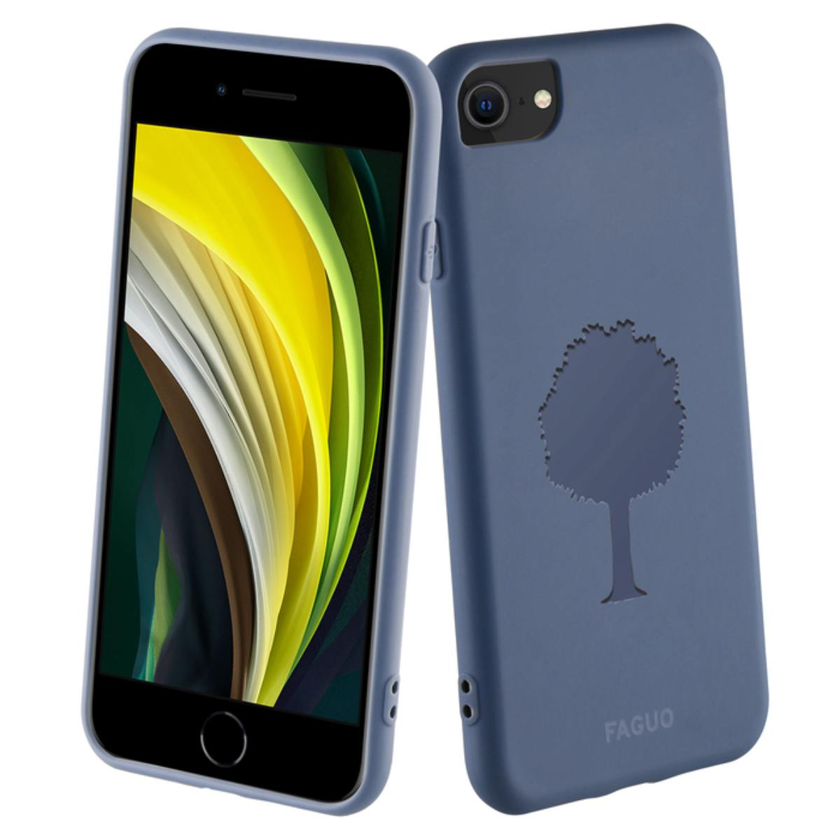 Custodia blu per telefono con un ritaglio di albero. Un telefono all'interno è visibile.
