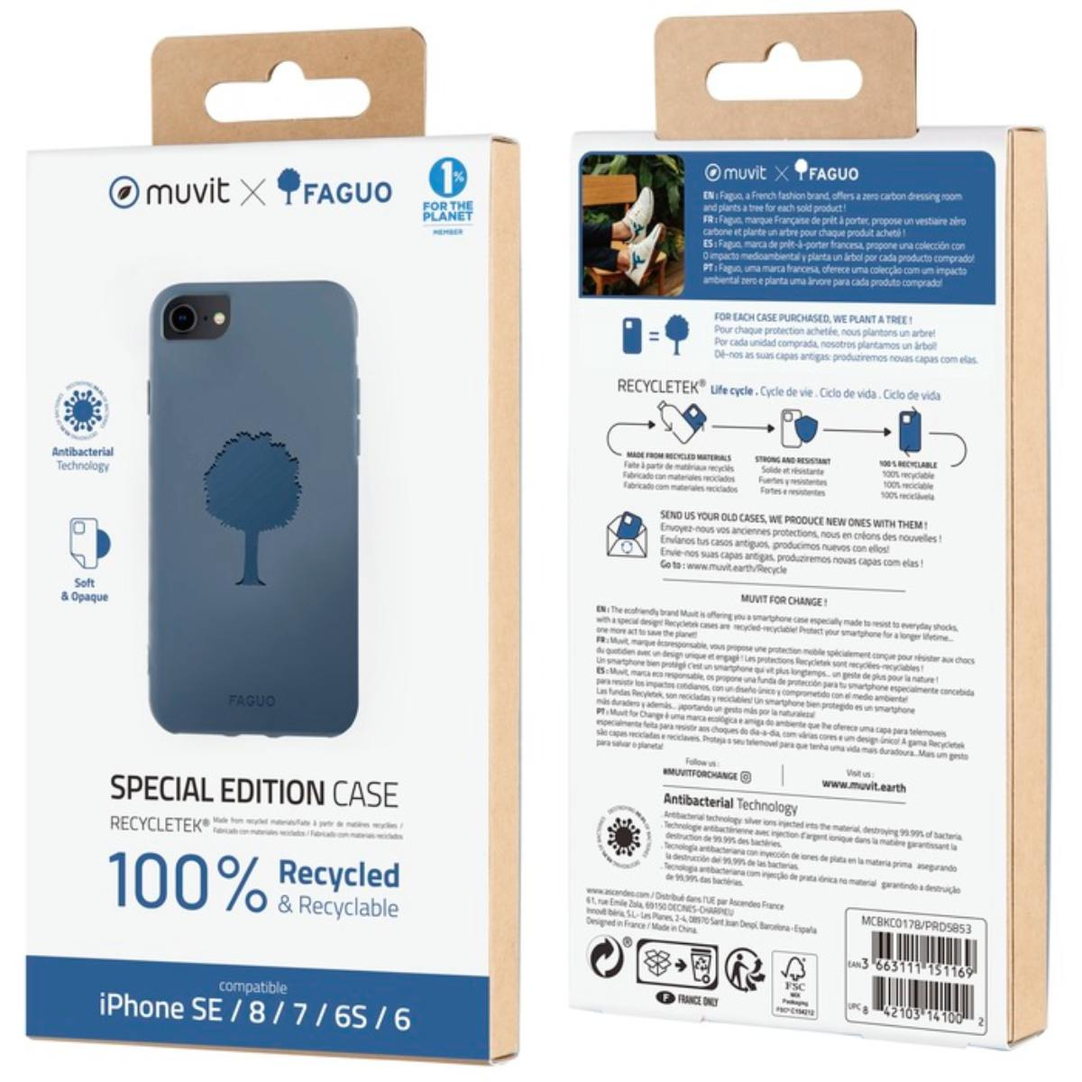 Scatola con custodia per telefono. La scatola è bianca, contiene la custodia e una descrizione del prodotto. Sfondo bianco.