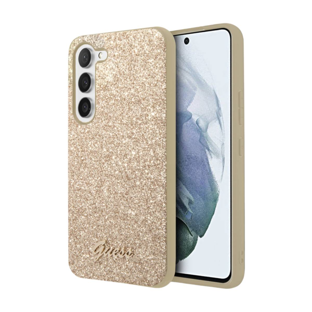 Goldener Glitzer-Telefonhülle mit teilweise eingesetztem Telefon.