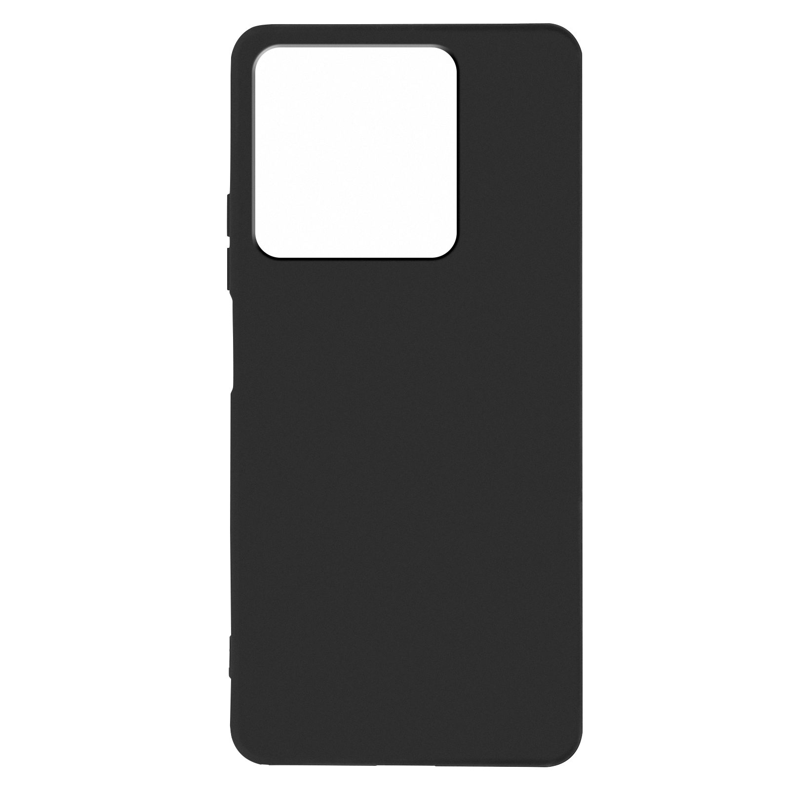 Custodia per telefono nera con ritaglio per fotocamera. La custodia è rettangolare con angoli arrotondati.