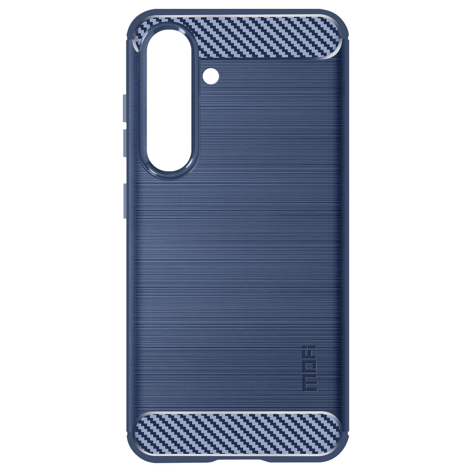 Una custodia per telefono blu con una texture in metallo spazzolato e dettagli in fibra di carbonio nella parte superiore e inferiore.