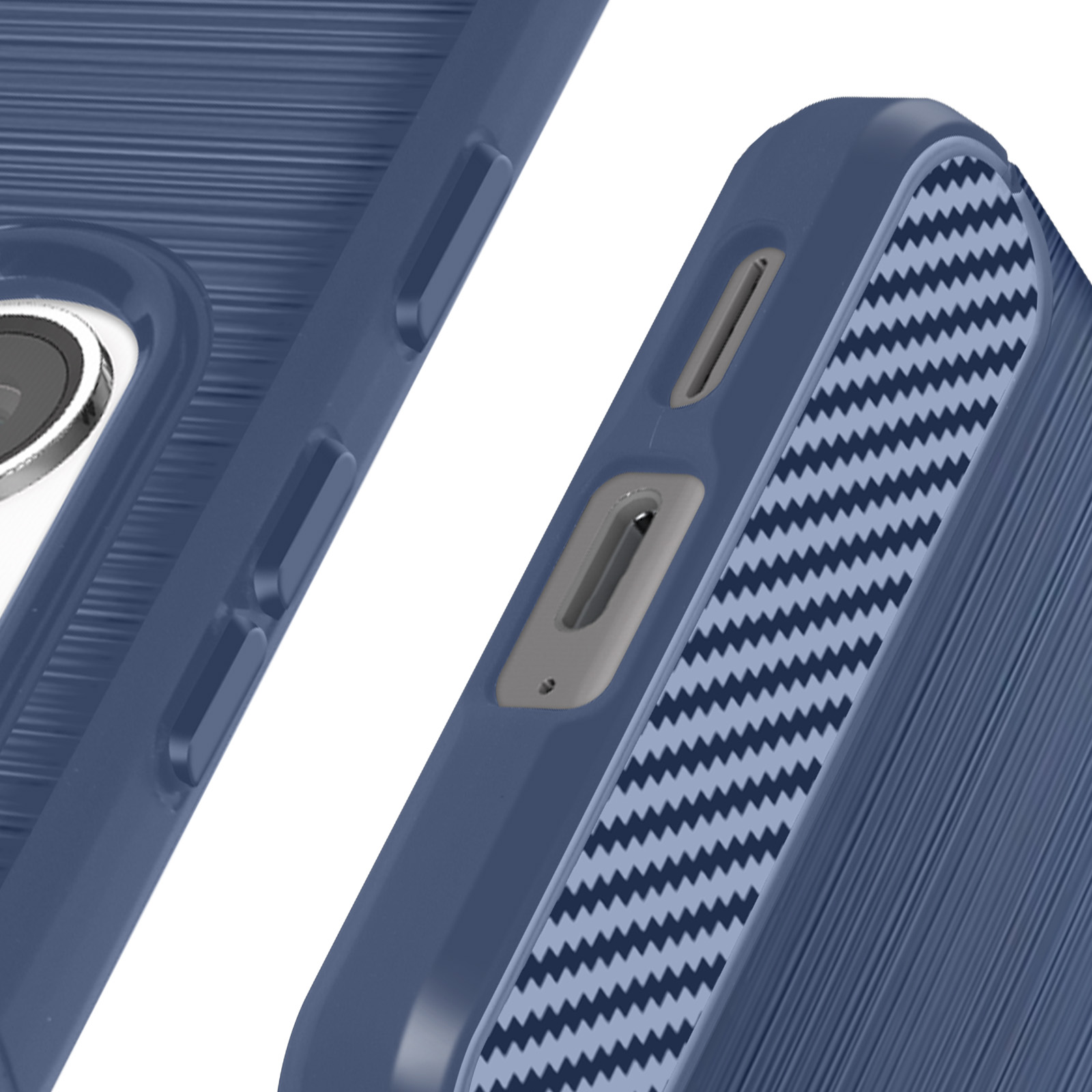 Primo piano di una custodia blu per telefono con superficie strutturata, che mostra i pulsanti laterali e un design in fibra di carbonio.