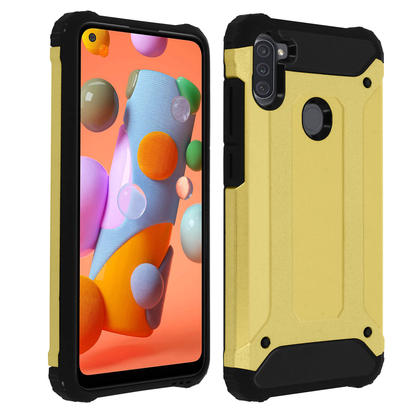 Telefono con custodia gialla e dettagli neri. Lo schermo mostra un'immagine colorata.
