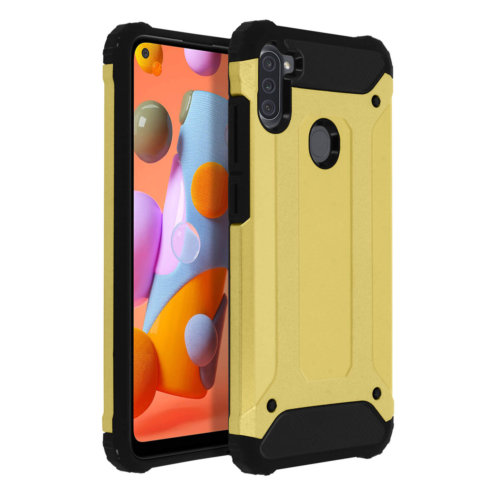 Custodia per telefono in giallo e nero. Il design include un ritaglio per la fotocamera e dettagli dei pulsanti.