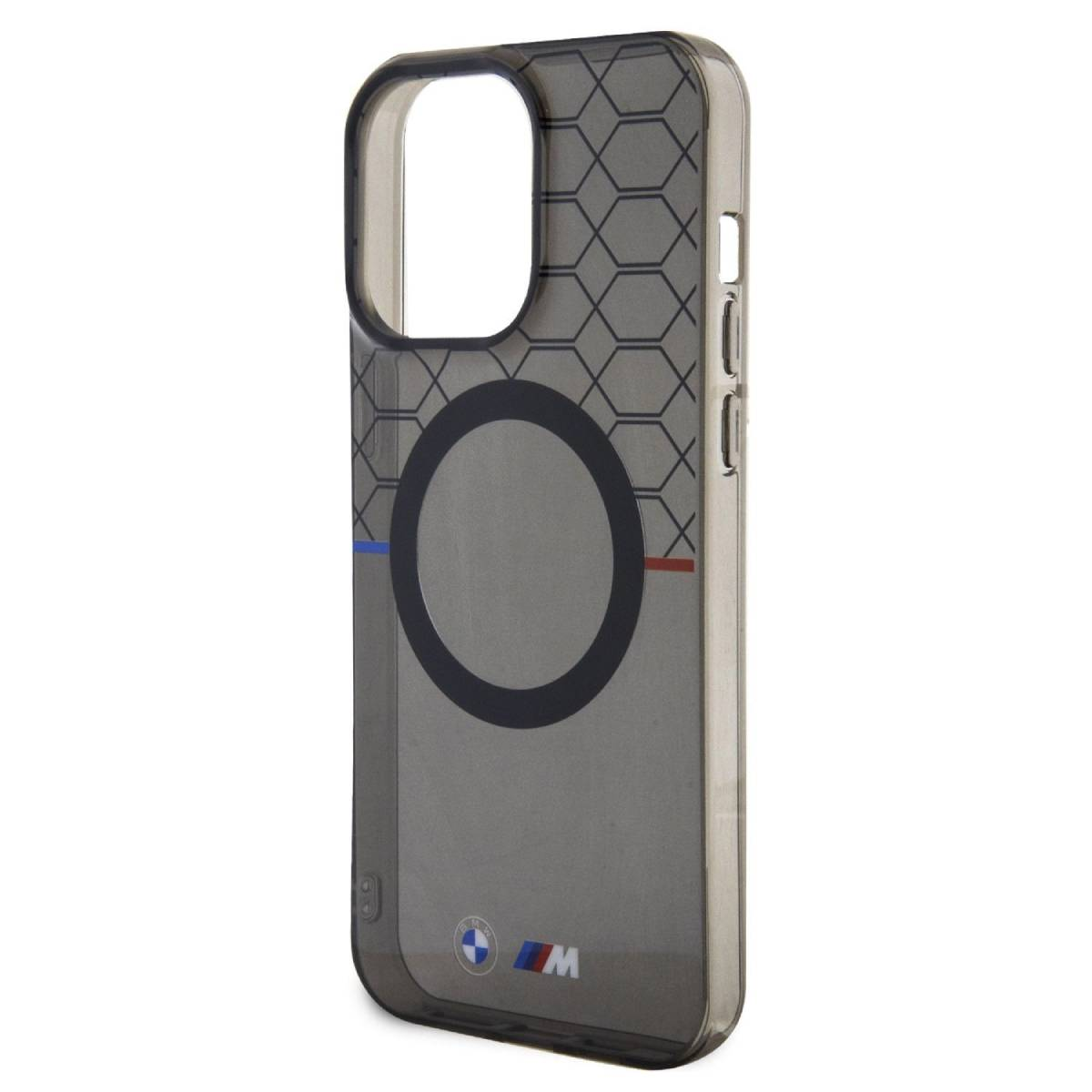 Custodia per telefono con logo BMW. La custodia ha un bordo nero e un retro trasparente con logo BMW e dettagli in fibra di carbonio.