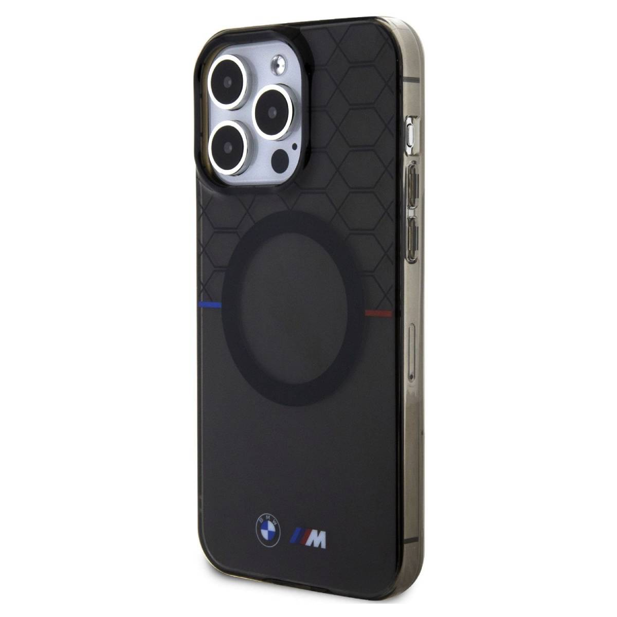 Custodia per telefono nera con logo BMW e strisce M. Il modulo fotocamera è visibile. Vista posteriore.