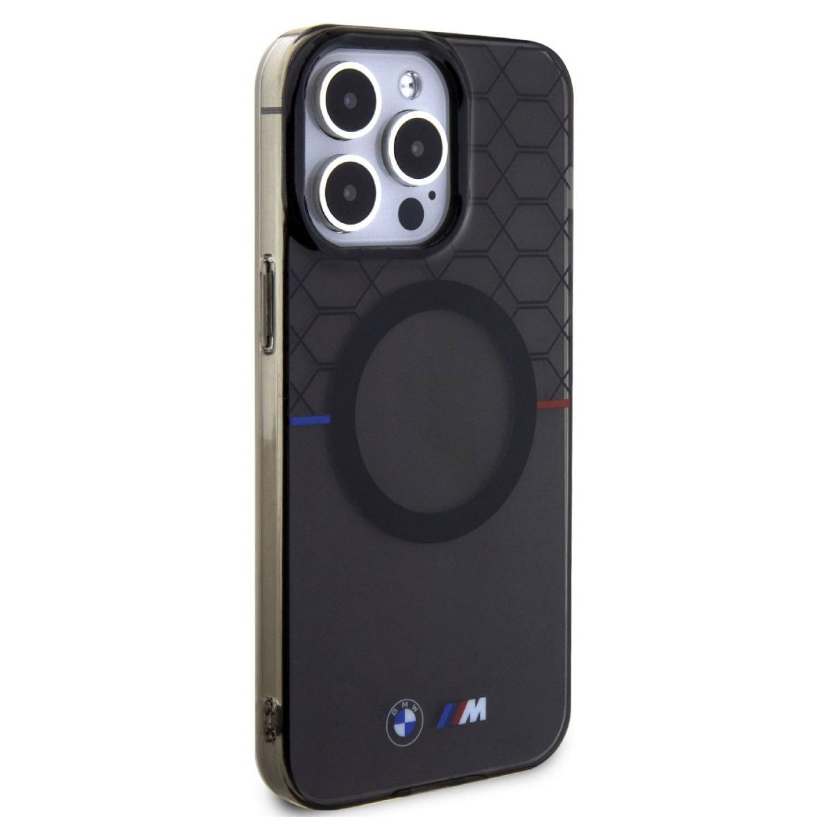 Custodia nera per telefono con logo e design BMW. Il telefono ha tre fotocamere e un cerchio magnetico.