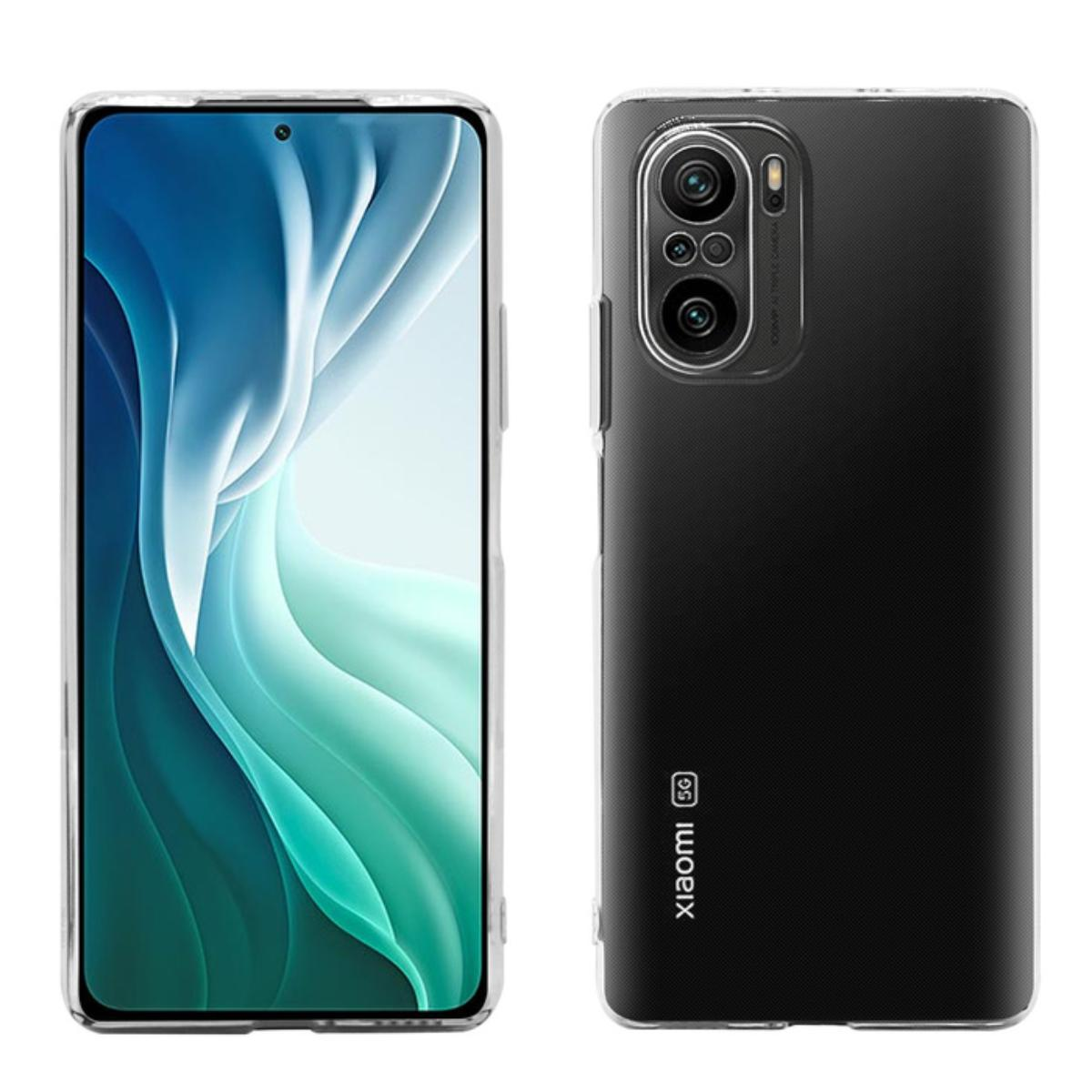 Telefono con due lati visibili. Ha una custodia trasparente. Etichetta Xiaomi 5G.