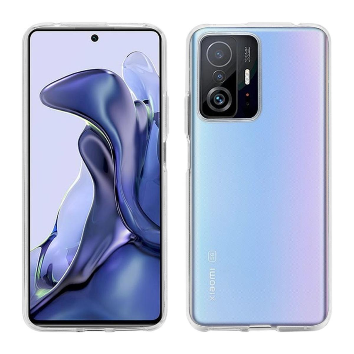 Un telefono con una custodia trasparente. Lo schermo mostra un design astratto viola e blu.