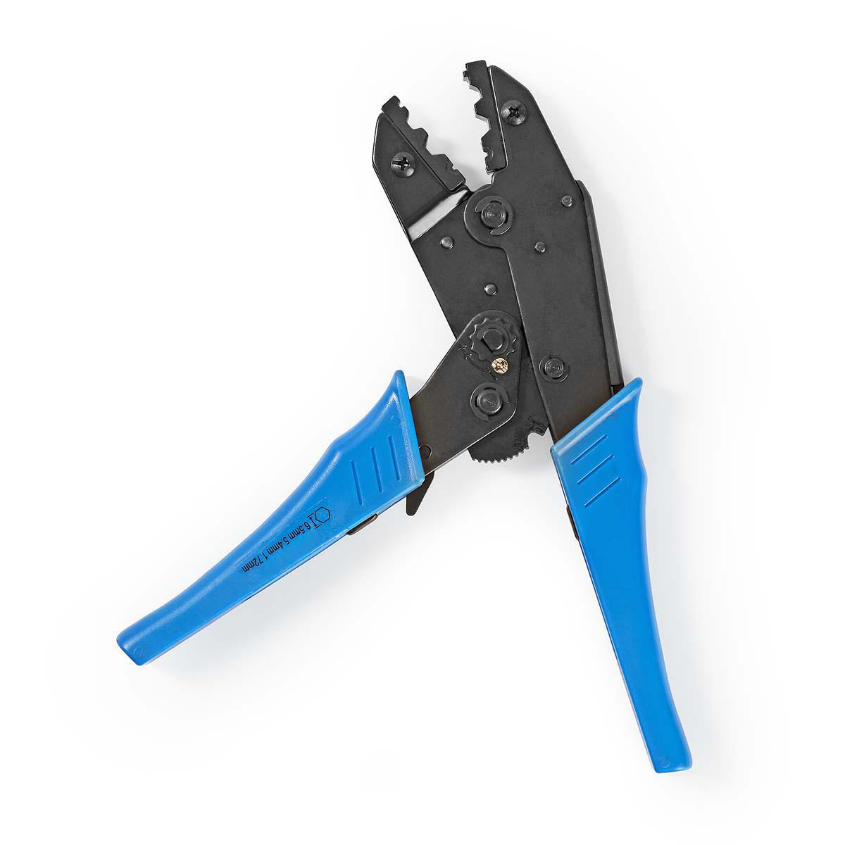Blue and black crimping tool on a white surface, open and ready to use.