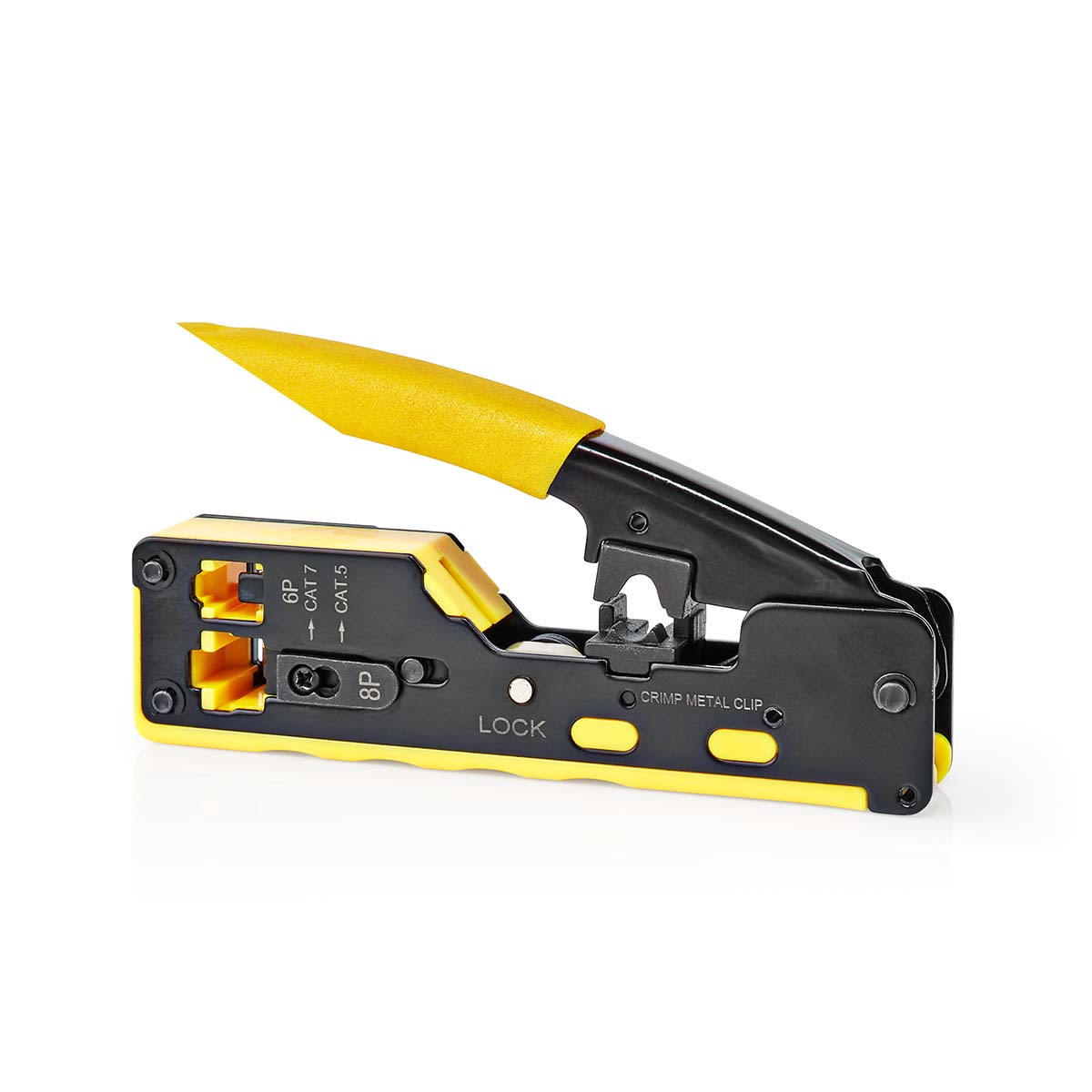 A yellow and black crimping tool is visible on a white background.