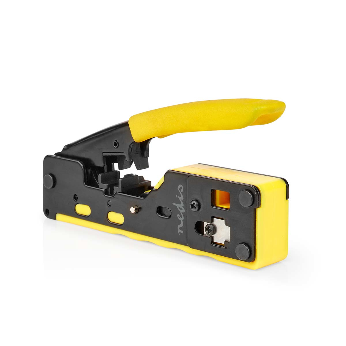 Yellow and black crimping tool, with a yellow handle.