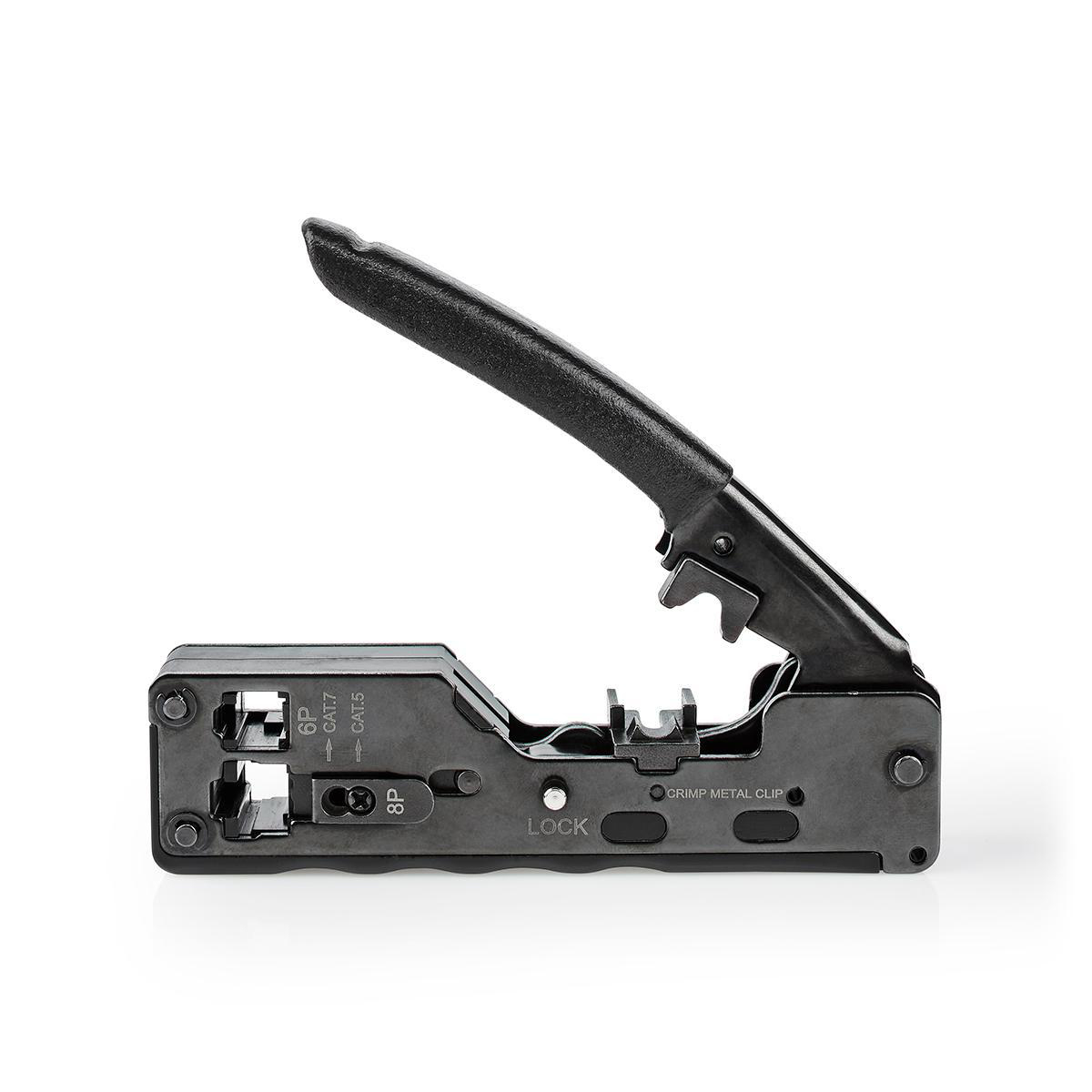 A black crimping tool with labels for 6P, CAT7, CAT5, and 8P cables.