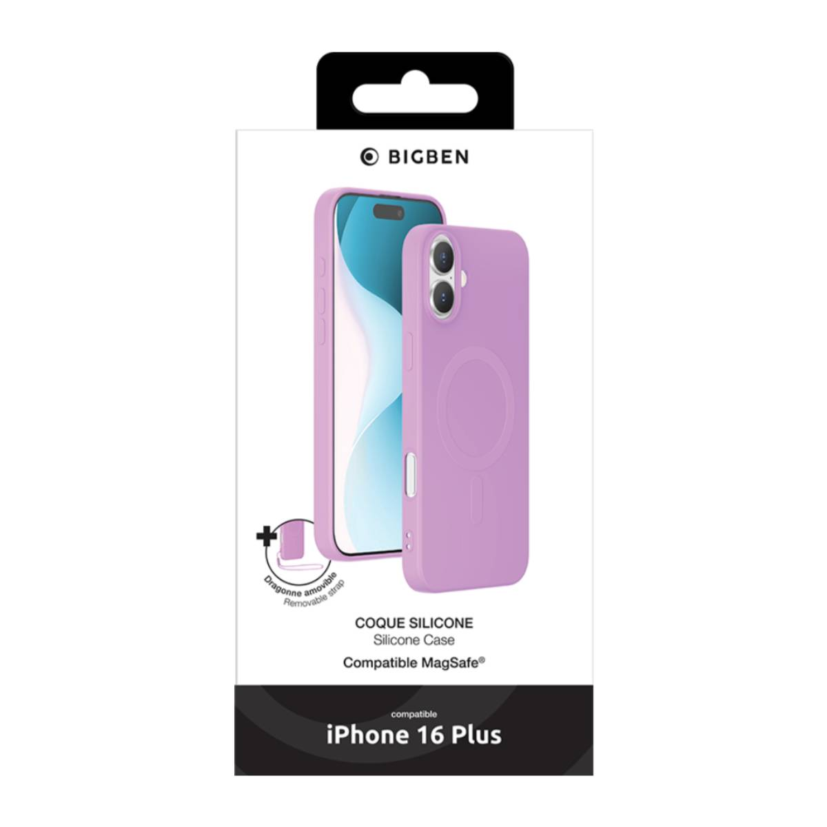 Confezione di una custodia per telefono viola con un telefono all'interno. Sfondo bianco.