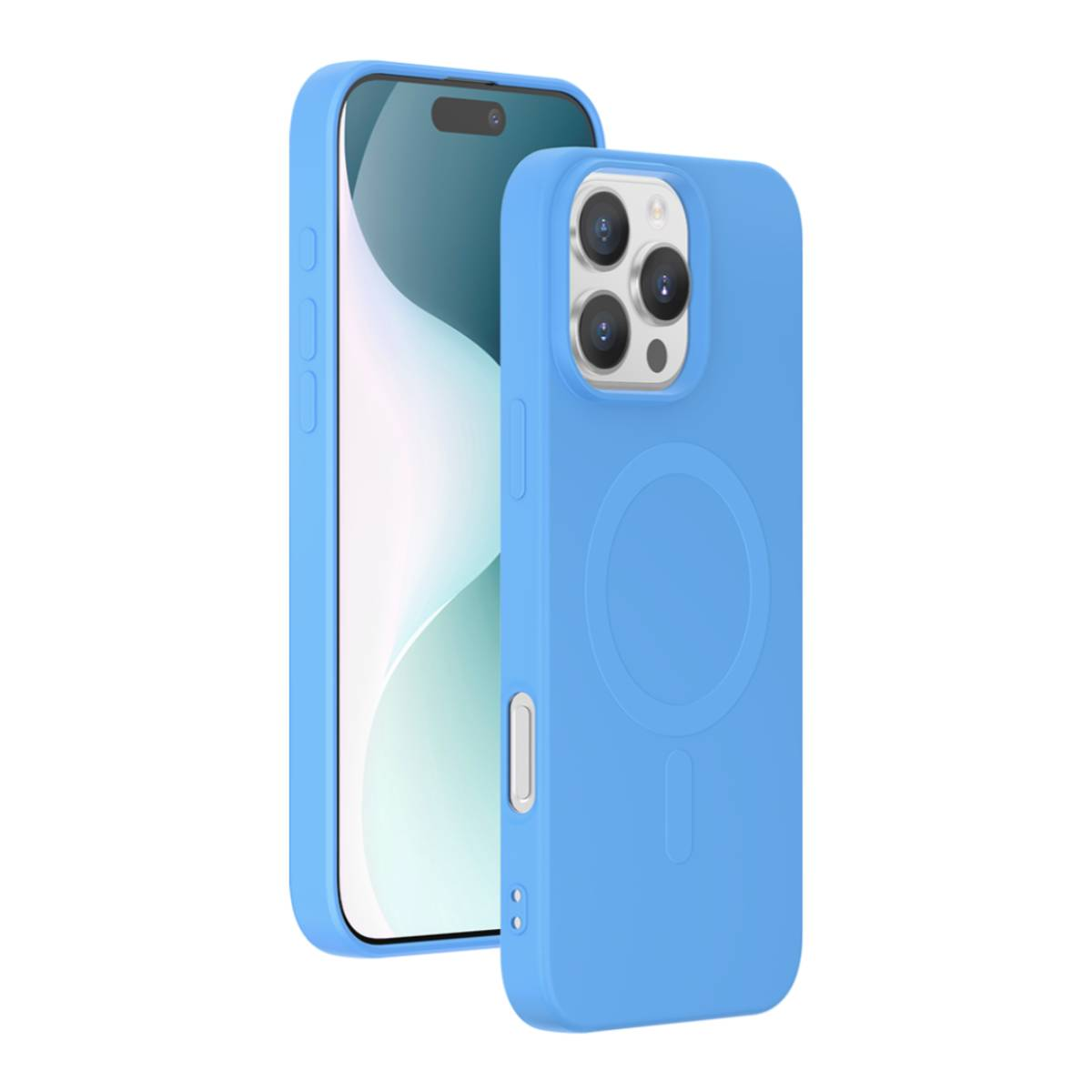 Due telefoni con custodie blu. Uno davanti, l'altro dietro. Entrambi hanno ritagli per la fotocamera.