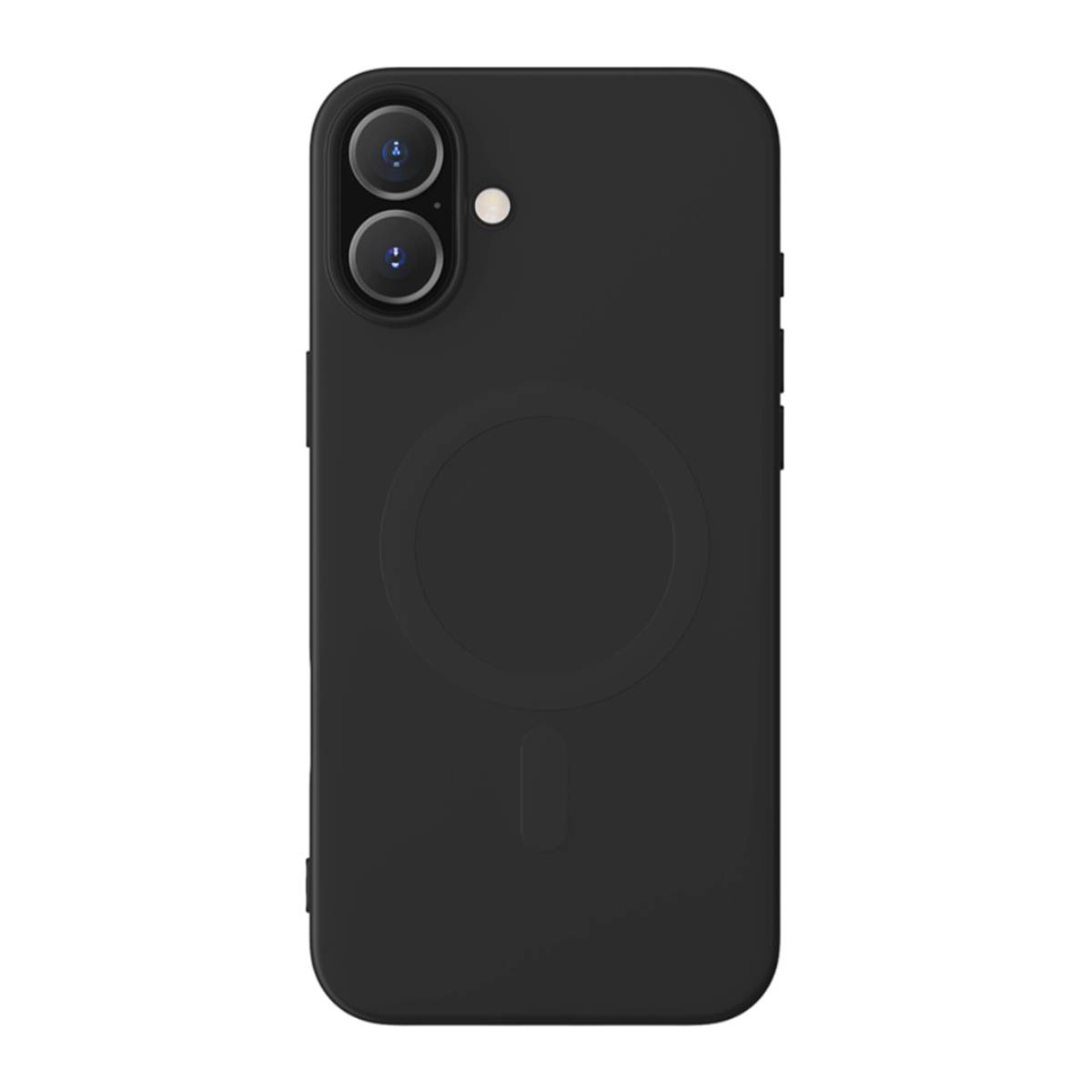 Custodia per telefono nera con design circolare. Il retro della custodia è nero semplice. Nessun altro dettaglio.