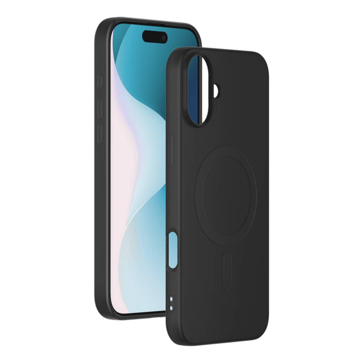 Telefono e custodia neri. Il telefono è accanto alla custodia. La custodia ha un ritaglio per la fotocamera.