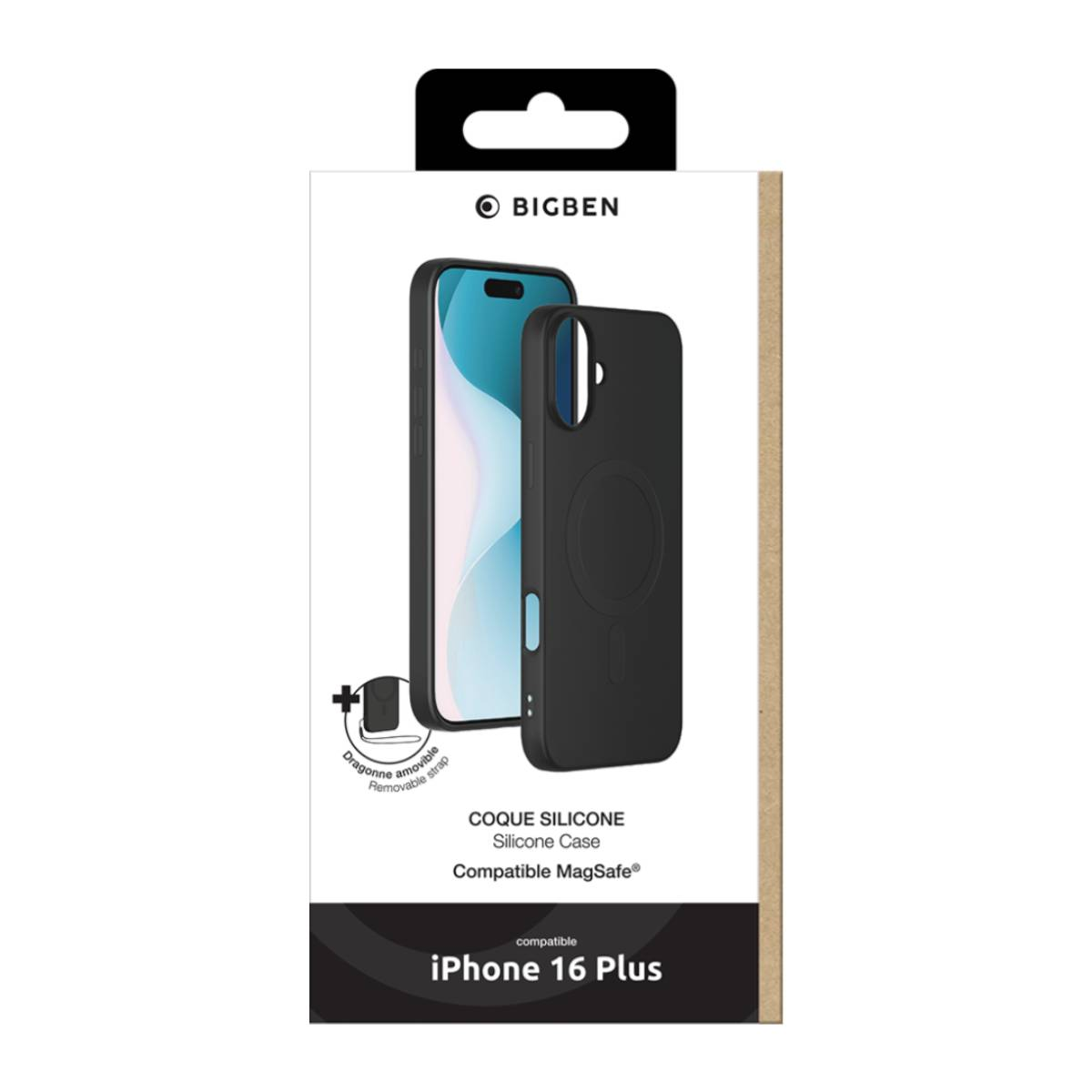 Scatola nera per custodia con telefono, logo Bigben.