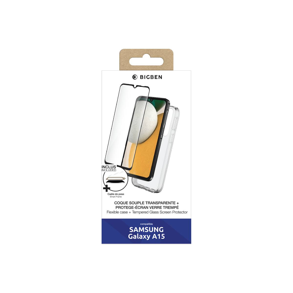 Scatola con custodia, protezione schermo e testo: 'Samsung Galaxy A15'.