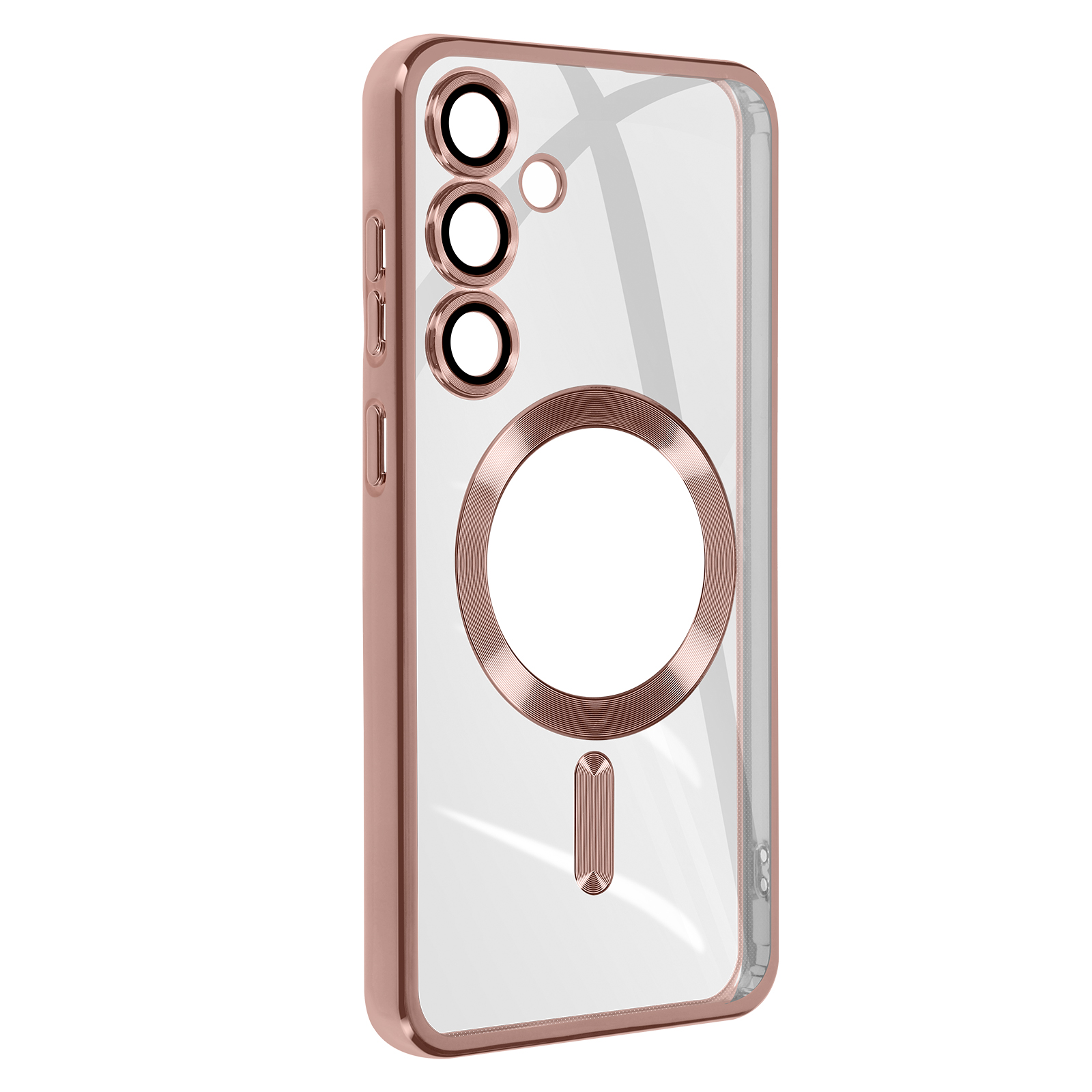 Una custodia color oro rosa con retro trasparente e anello magnetico circolare.
