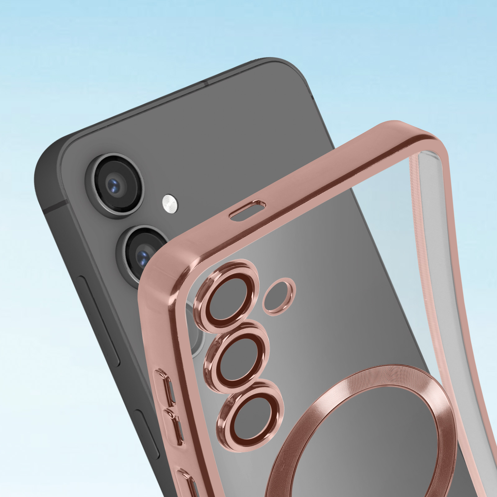 Telefono con custodia trasparente e anello. La custodia è oro rosa e il telefono è grigio.