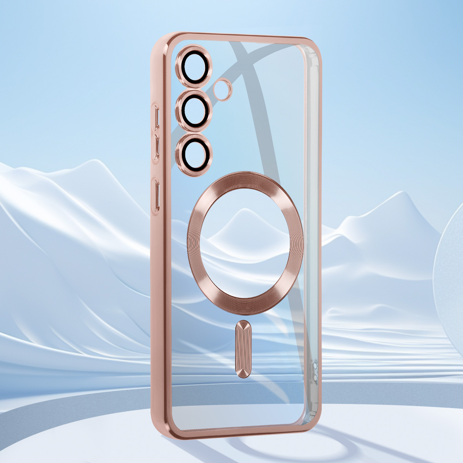 Una custodia per telefono trasparente con cornice oro rosa e un anello magnetico. La custodia è su sfondo bianco.