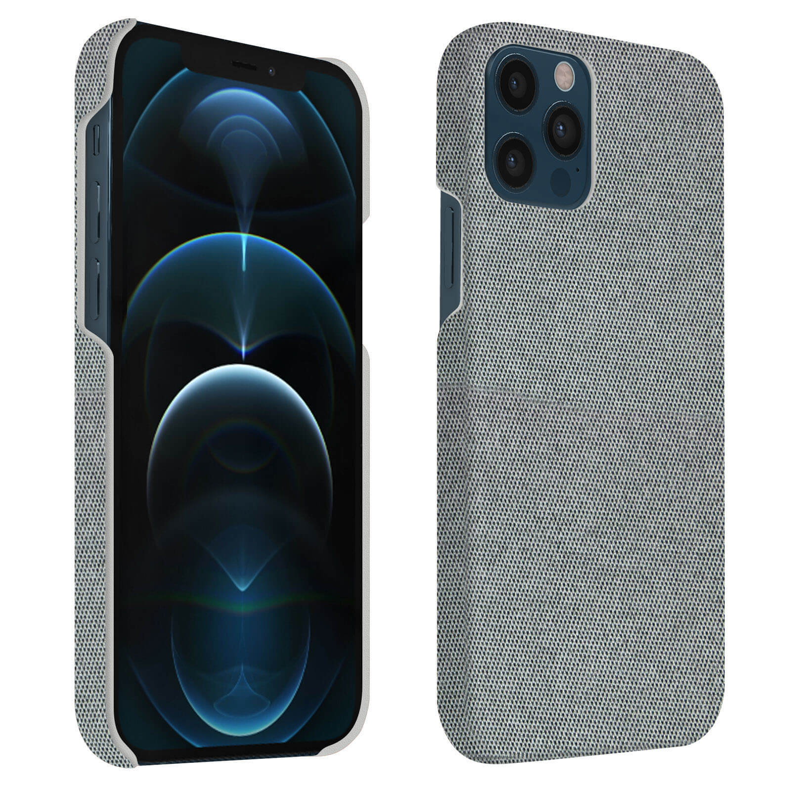 Due viste di un iPhone all'interno di una custodia in tessuto grigio. Uno dalla parte anteriore, uno dalla parte posteriore.