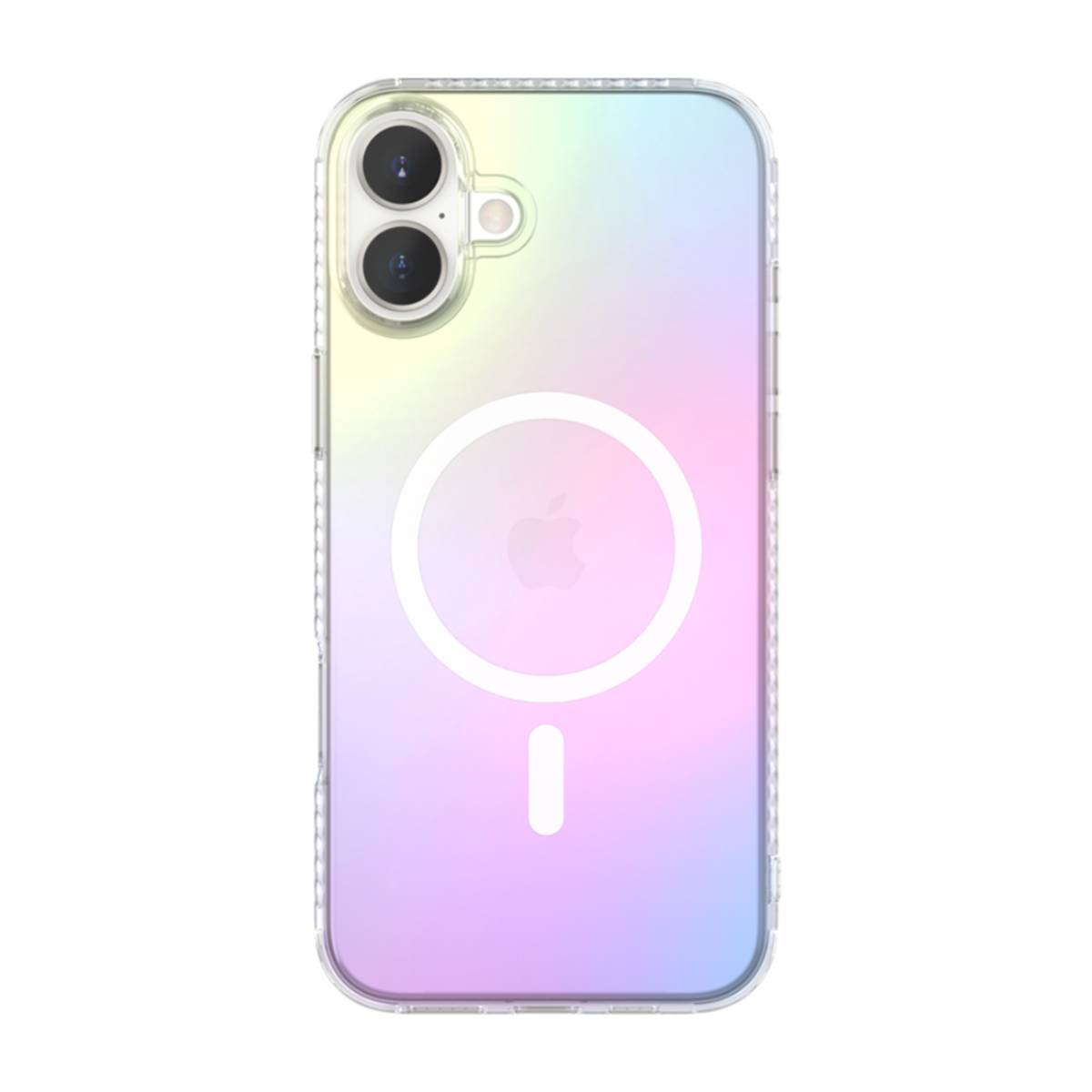 Telefono in custodia arcobaleno. Logo Apple e cerchio magnetico sul retro.
