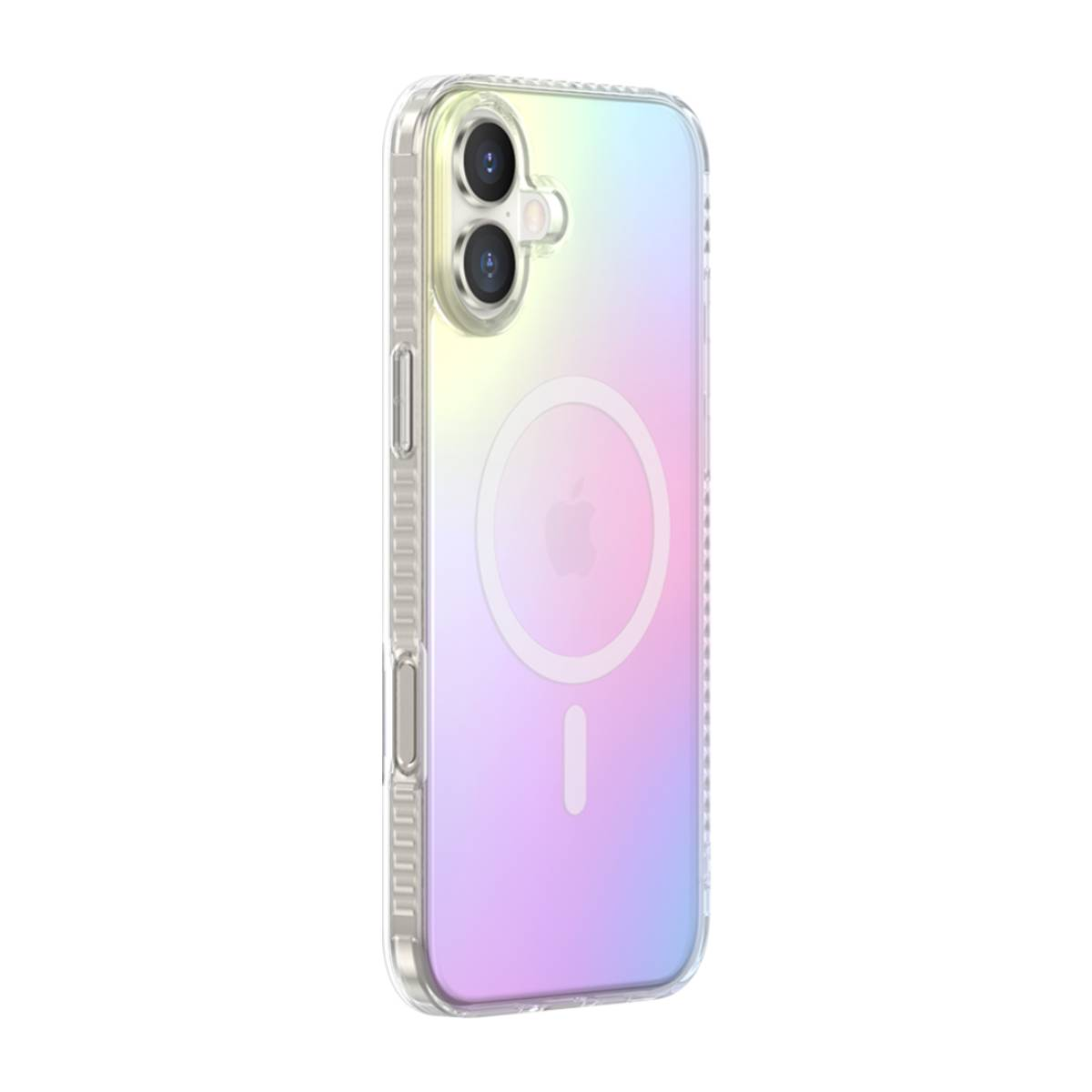 Custodia trasparente con colori arcobaleno attorno a un cerchio bianco, su sfondo bianco.