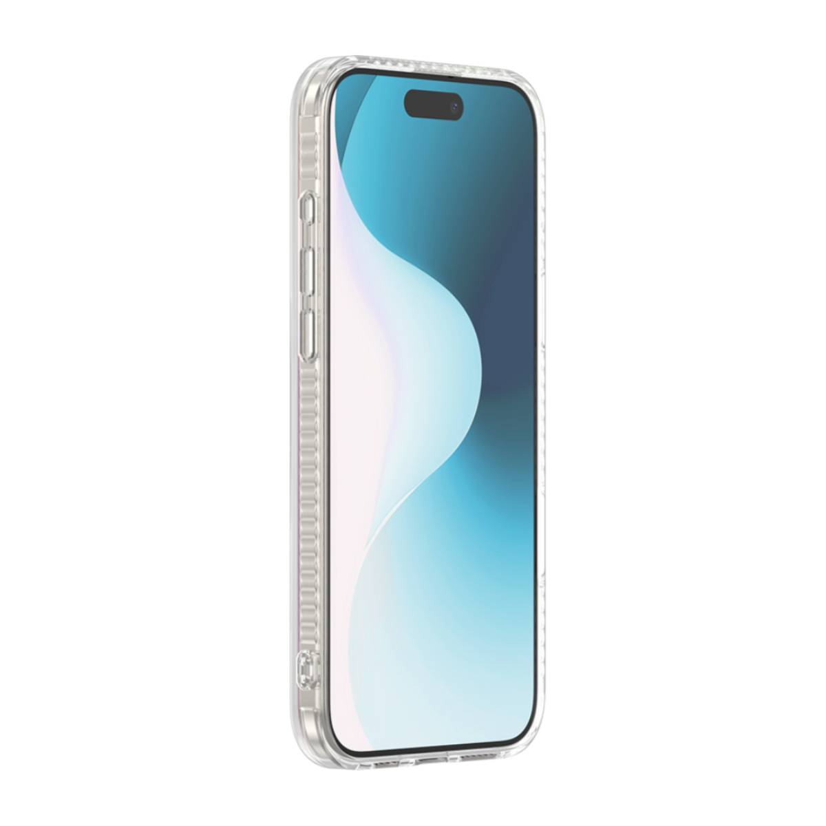 Telefono in una custodia trasparente. Il telefono è su un tavolo con vista laterale.