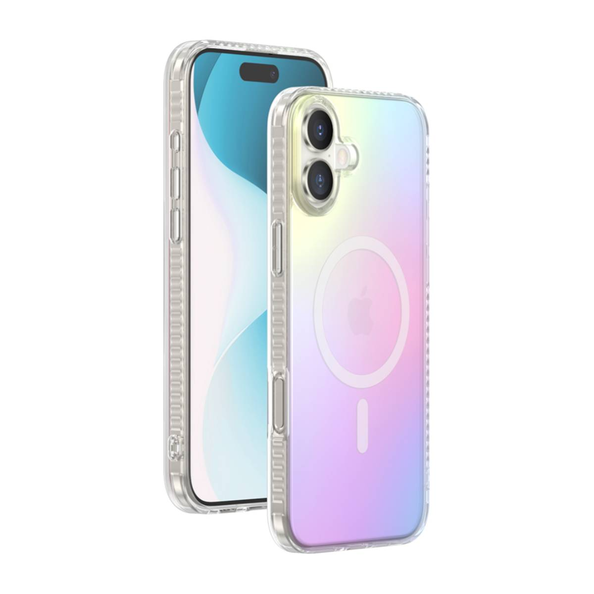 Un telefono in una custodia trasparente con una sfumatura colorata. La custodia ha un magnete rotondo e il logo Apple.