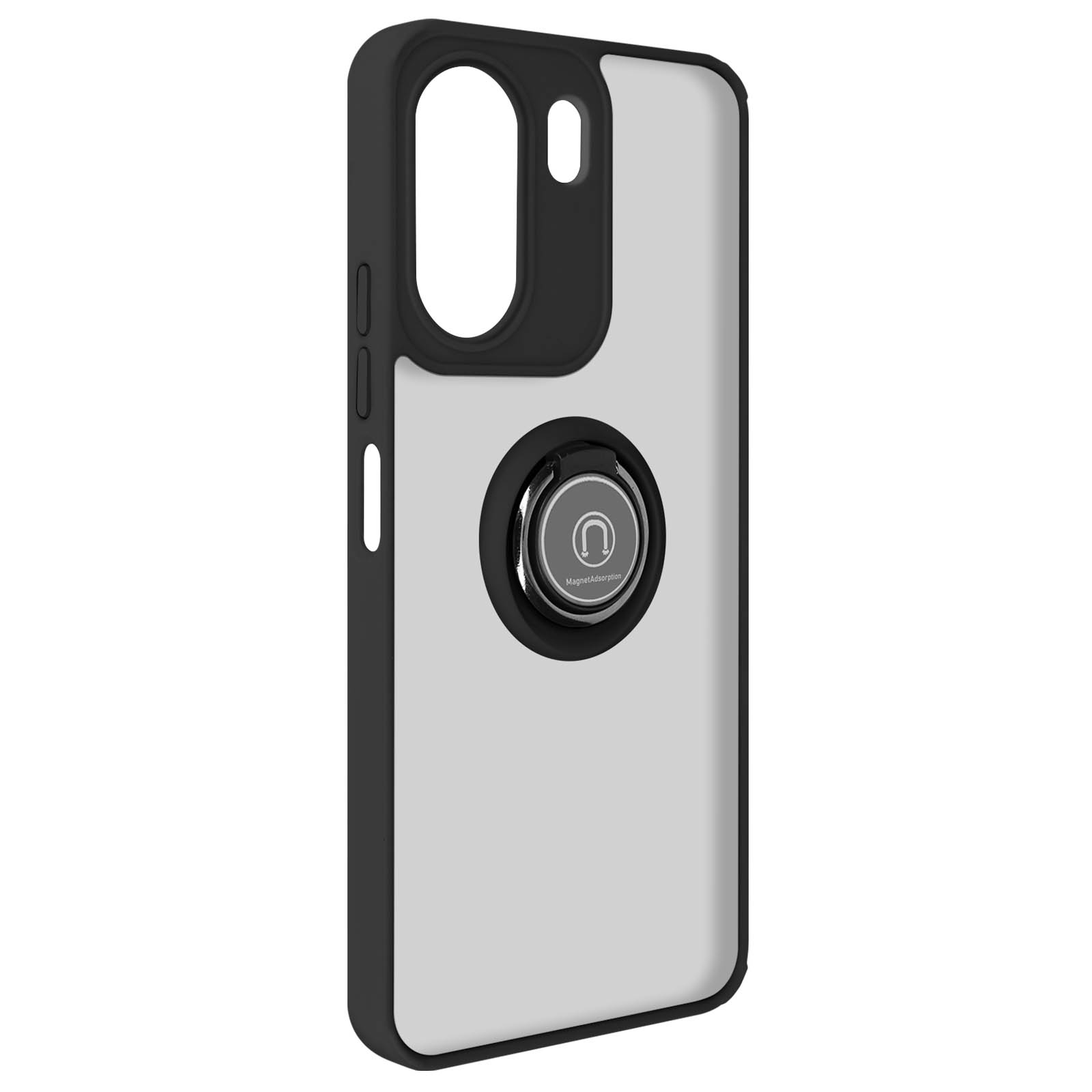 Custodia per telefono, cornice nera, retro bianco, supporto ad anello nero. Anello argentato con logo.