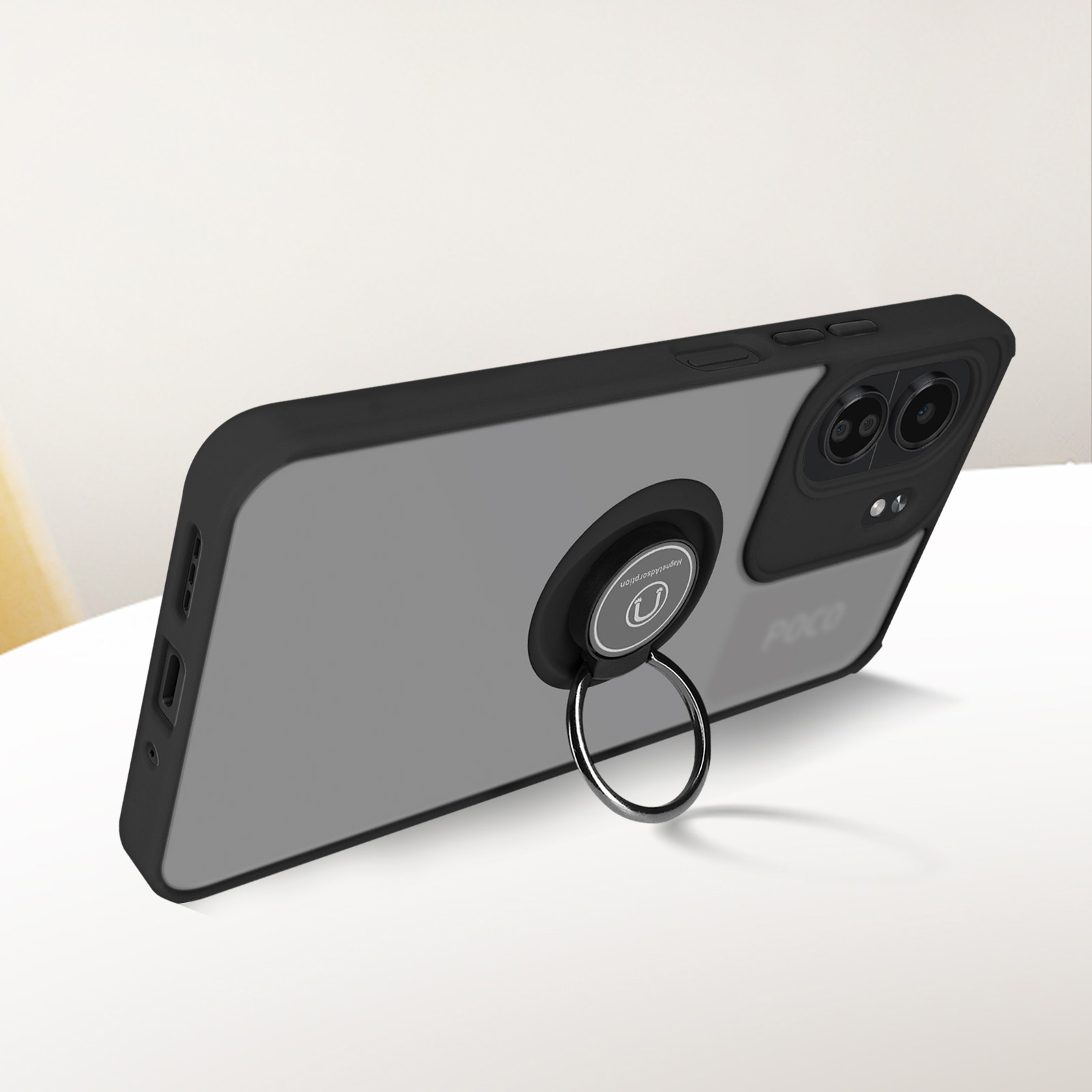 Custodia per telefono con cornice nera, retro grigio e anello.