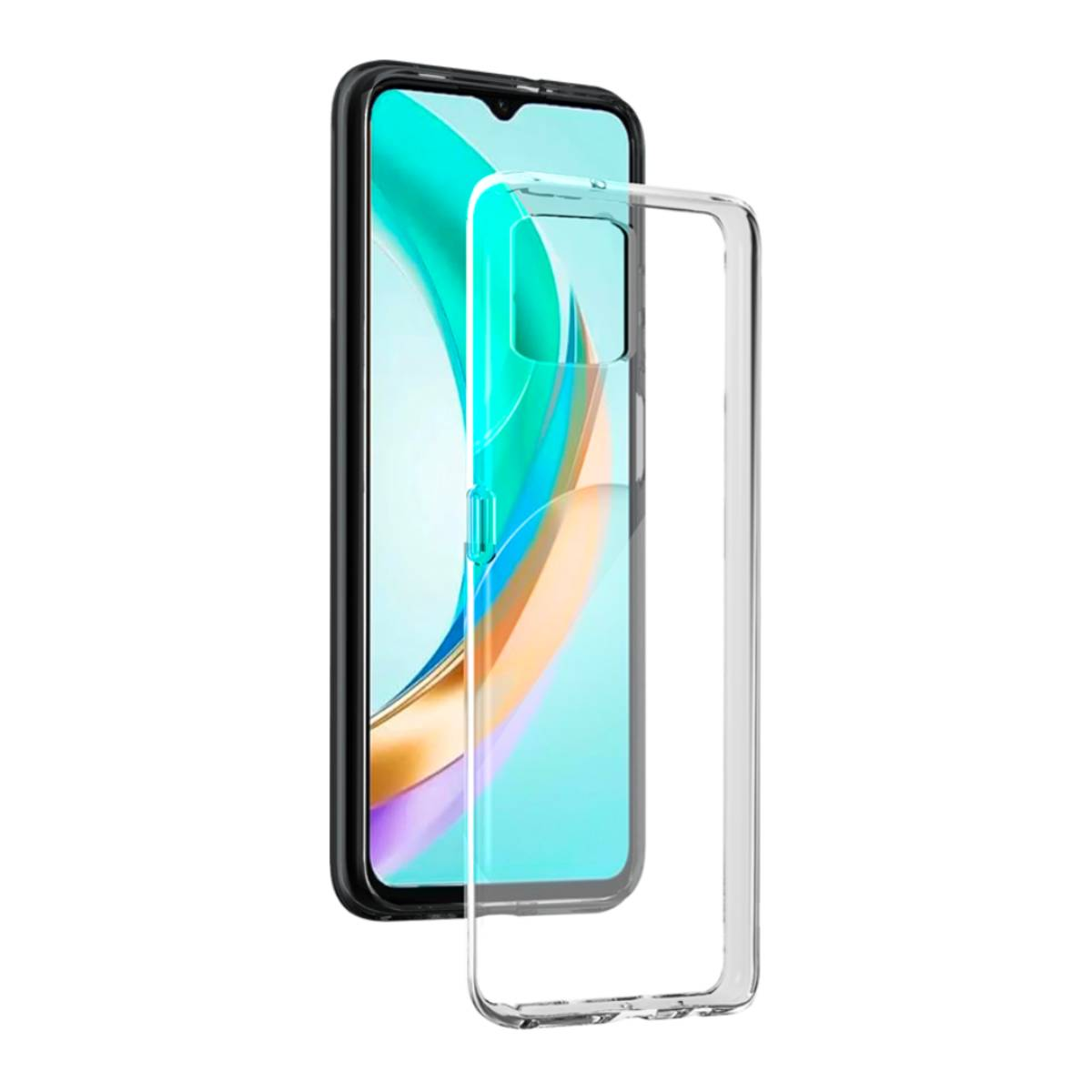 Telefon in klarer Hülle, Telefon und klare Hülle, weißer Hintergrund.