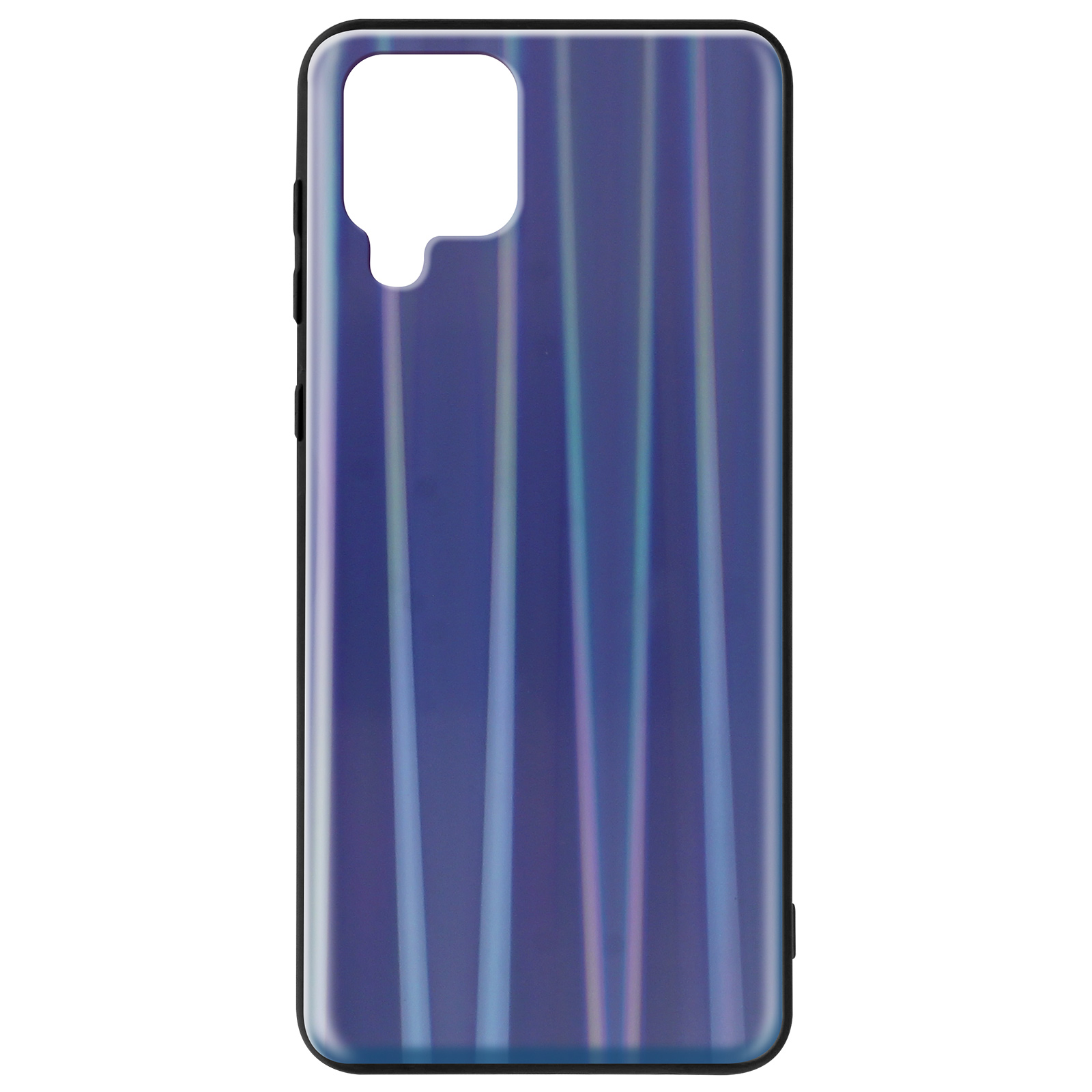 Custodia con strisce viola. Il retro ha strisce viola verticali con bordo nero.