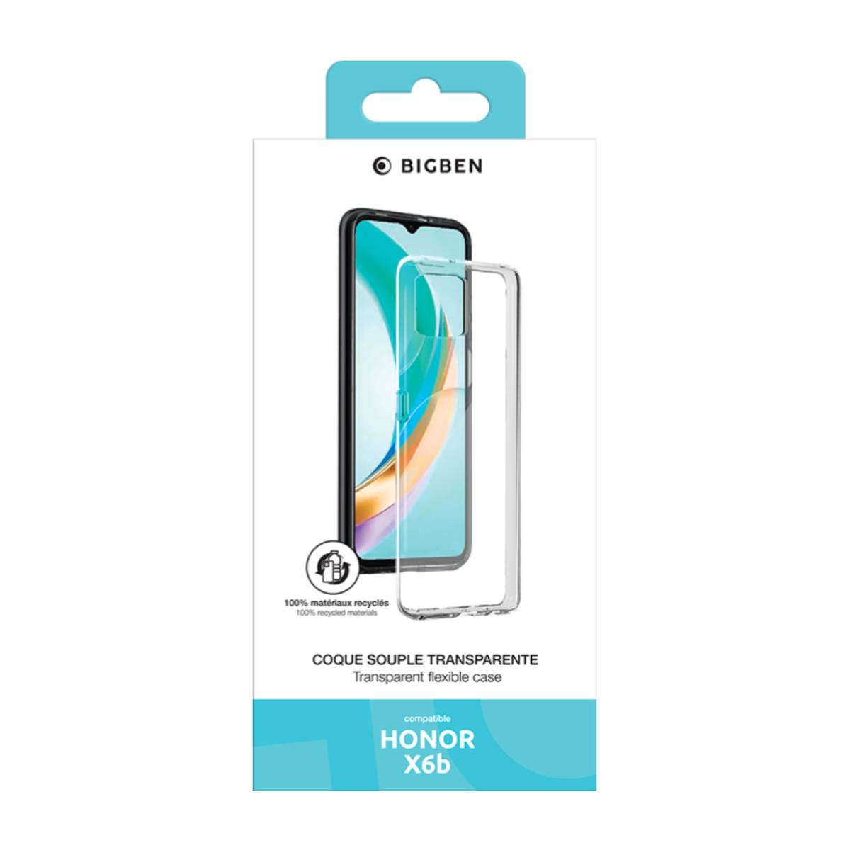 Eine Verpackung für eine transparente Handyhülle für ein Honor X6b Telefon. Die Marke ist BIGBEN.