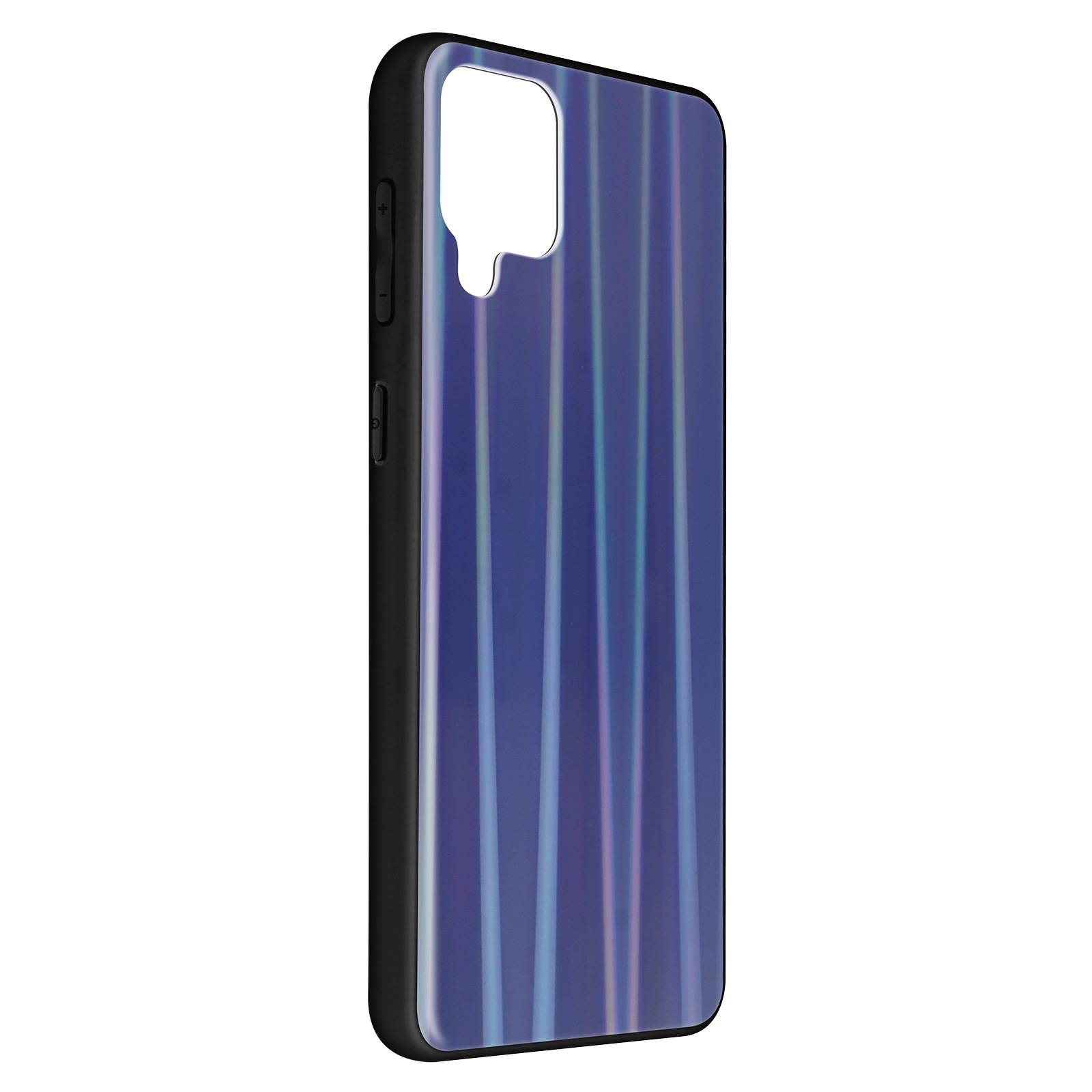 Custodia per telefono con un design blu iridescente. La custodia è su sfondo bianco.