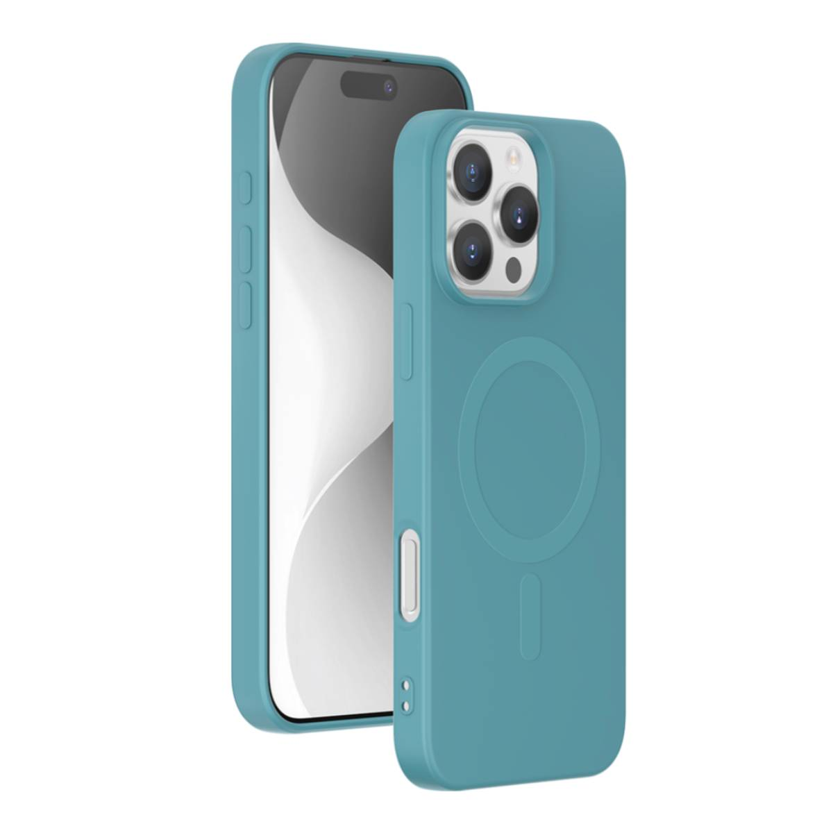 Due custodie per telefono verde acqua, una accanto a un telefono. Le custodie hanno un ritaglio per la fotocamera.