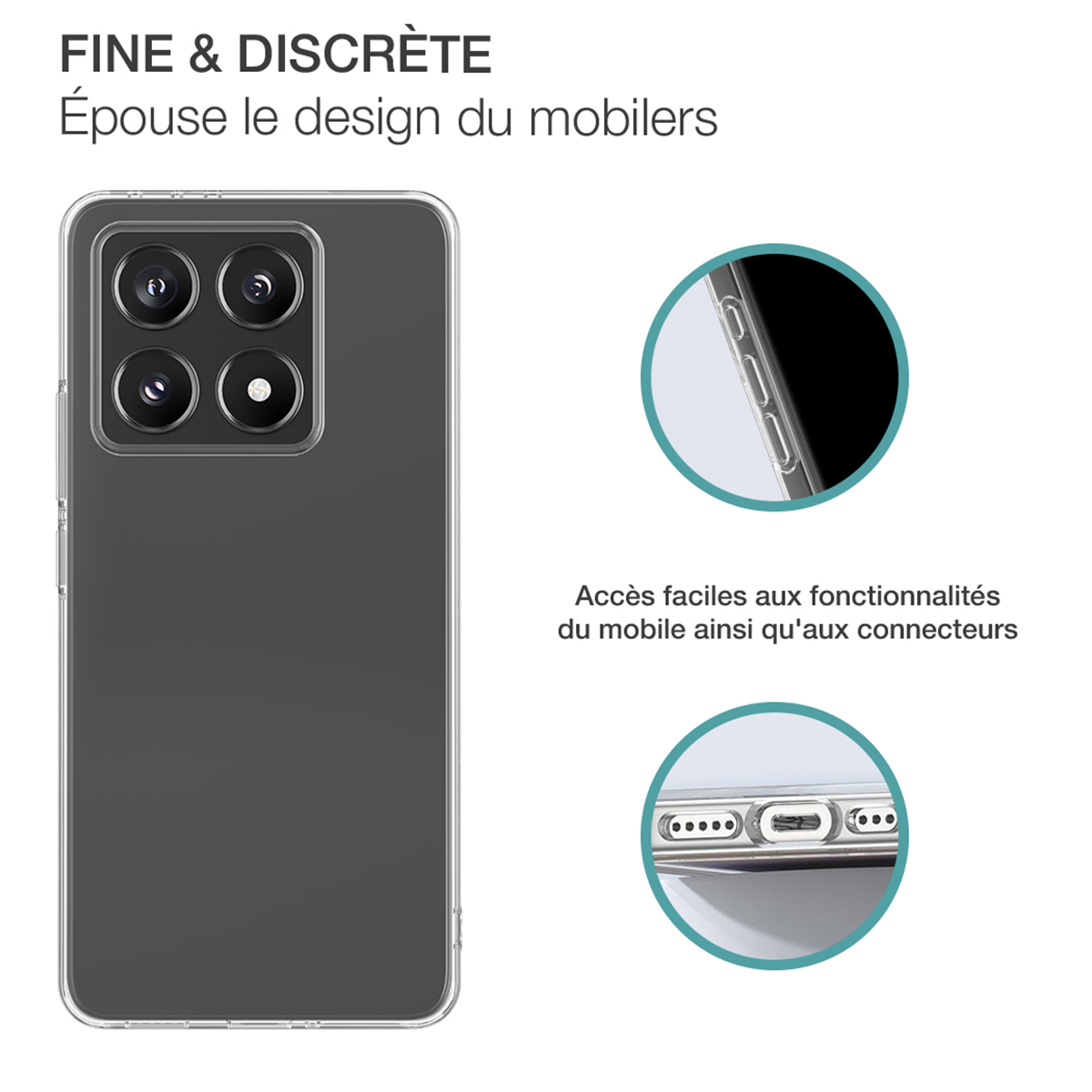 Una custodia per telefono. La custodia è trasparente, con un telefono all'interno. Il telefono ha quattro fotocamere. Testo sull'immagine.