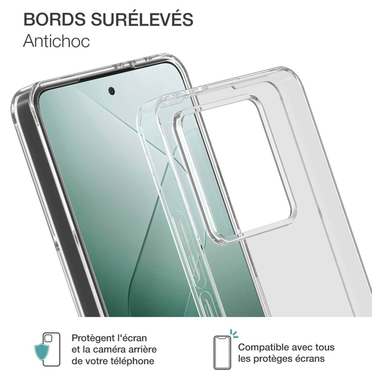 Primo piano di un telefono in una custodia trasparente. Viene mostrato il testo sulla protezione dello schermo e della fotocamera.