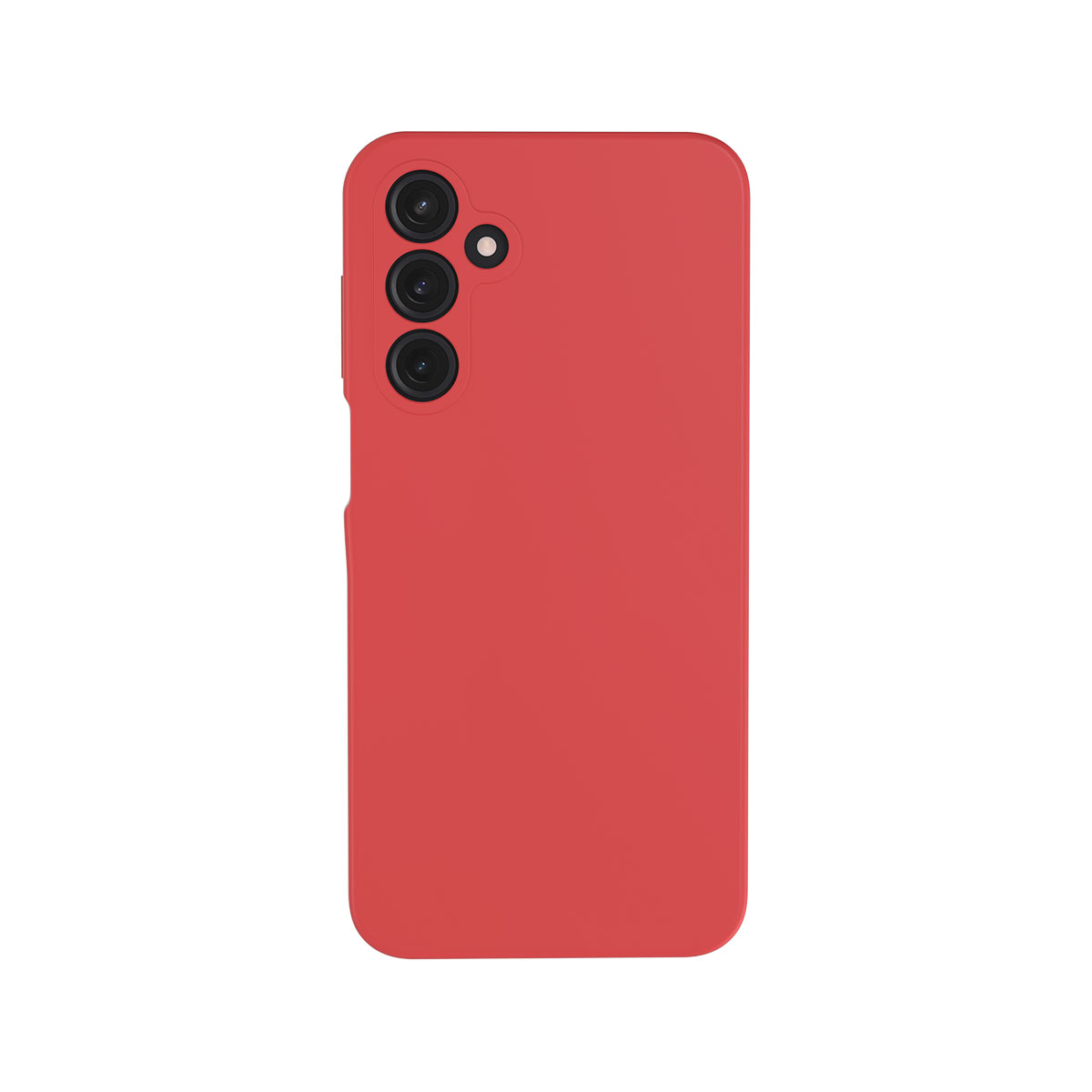 Custodia rossa per telefono. Tre lenti della fotocamera visibili. Tasti laterali del telefono visibili.